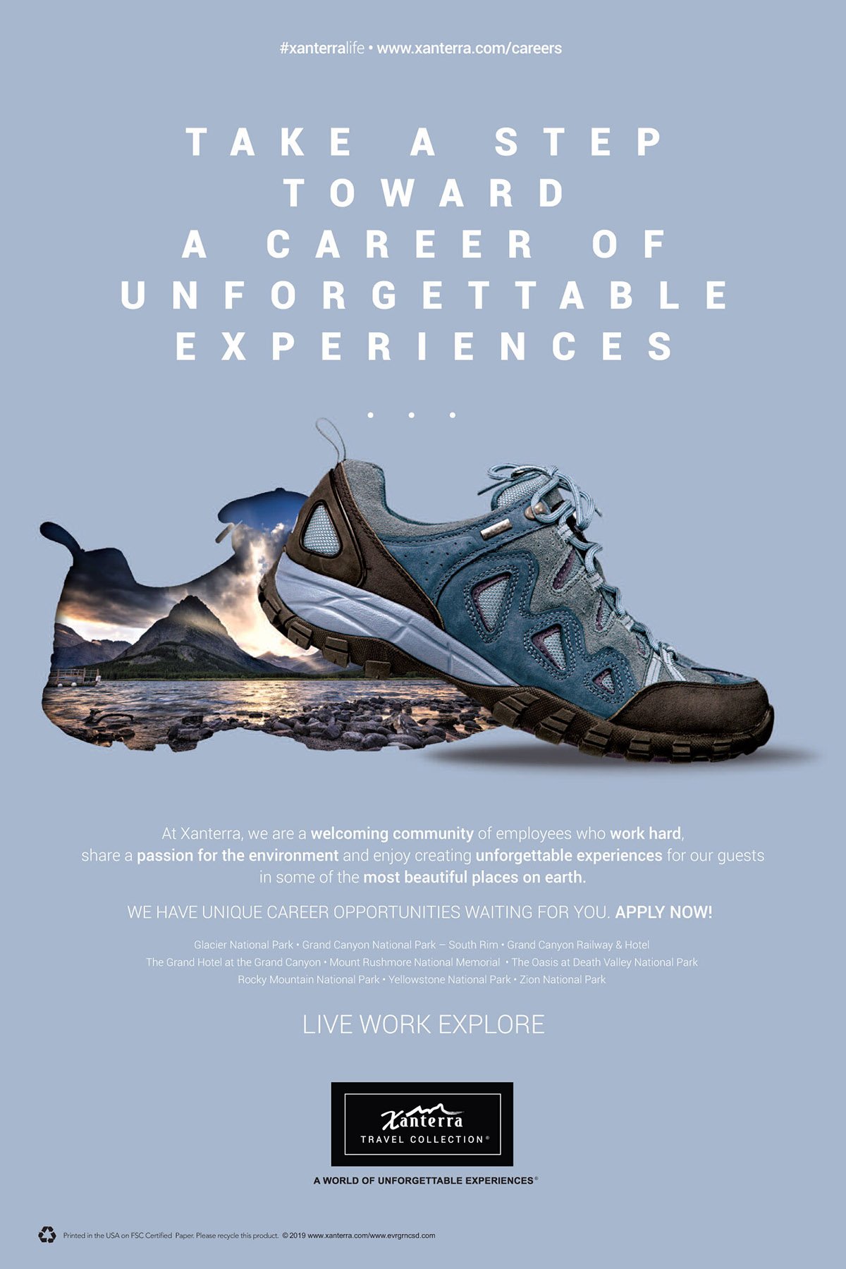Promotional poster featuring an outdoor shoe with mountain scenery inside the silhouette, promoting Xanterra careers with a focus on unforgettable experiences and environmental passion. Includes call-to-action for job opportunities at national parks.
