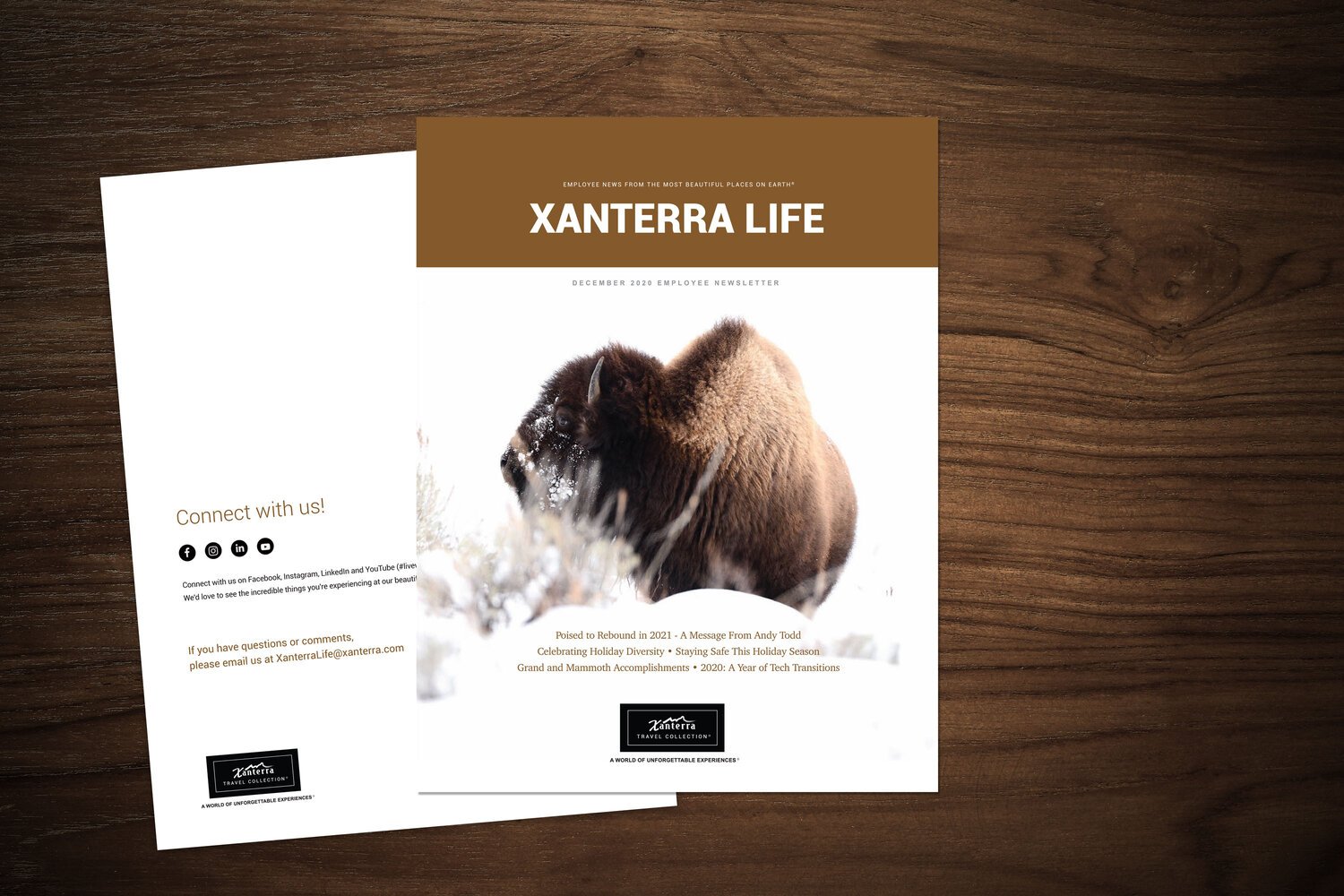 Magazine layout on wooden surface with "Xanterra Life" headline, featuring a buffalo image and social media icons for contact information.
