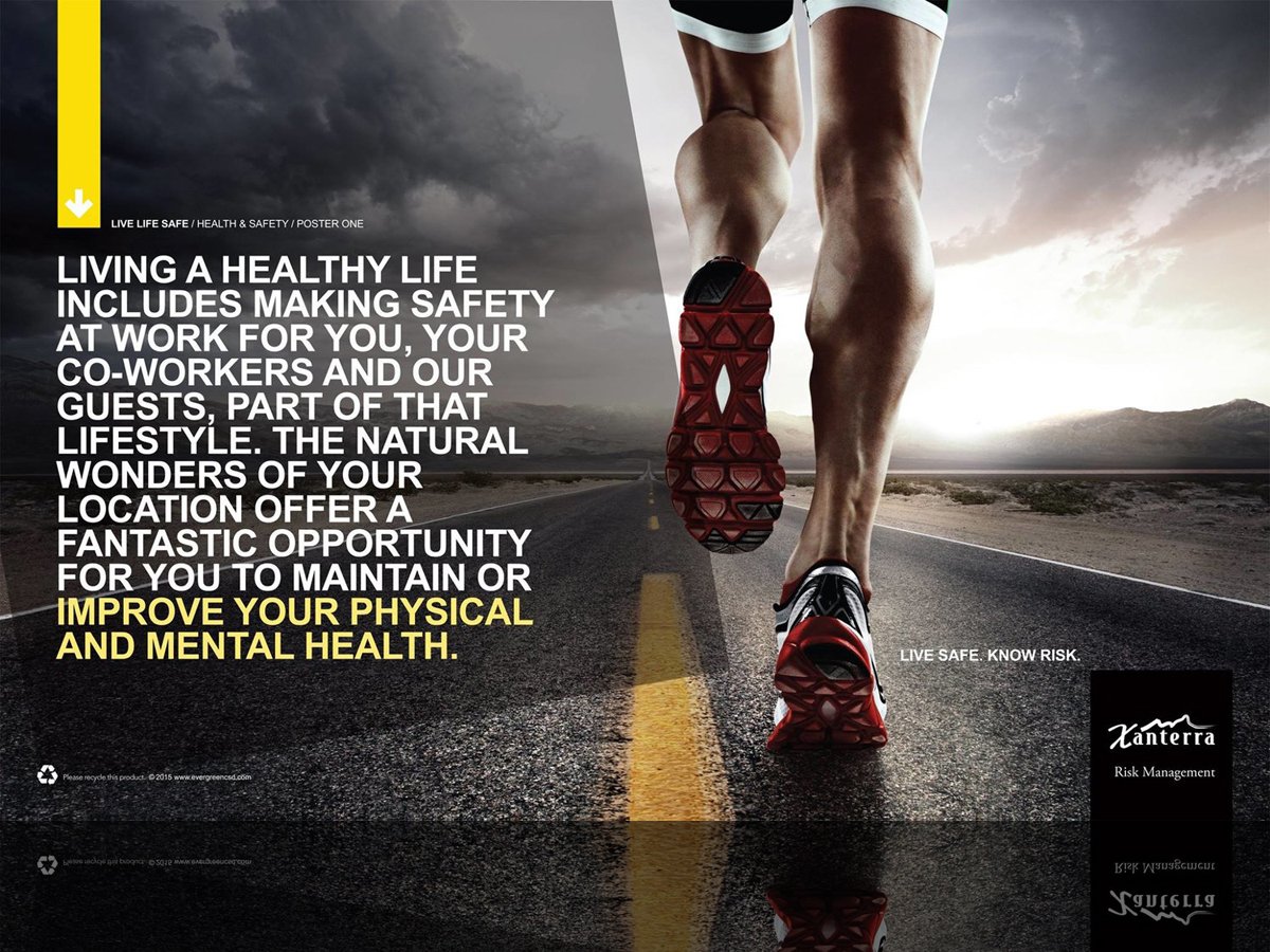 Person running on a road with a stormy sky, focus on legs and running shoes, motivational text about health and safety beside them.