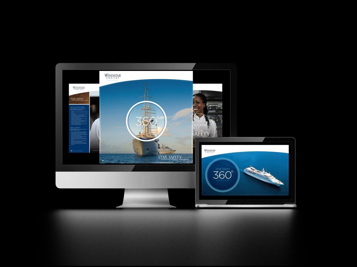 A computer and a tablet displaying Windstar Cruises promotional content. The computer screen shows a ship with "360°" and the tablet shows a cruise ship image. Both have the Windstar Cruises branding.
