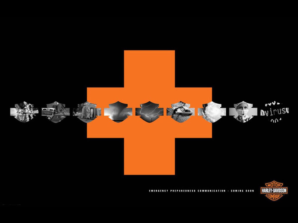 An orange cross and black background with Harley-Davidson symbol, featuring a row of shield-shaped images showing scenes of emergency preparedness.