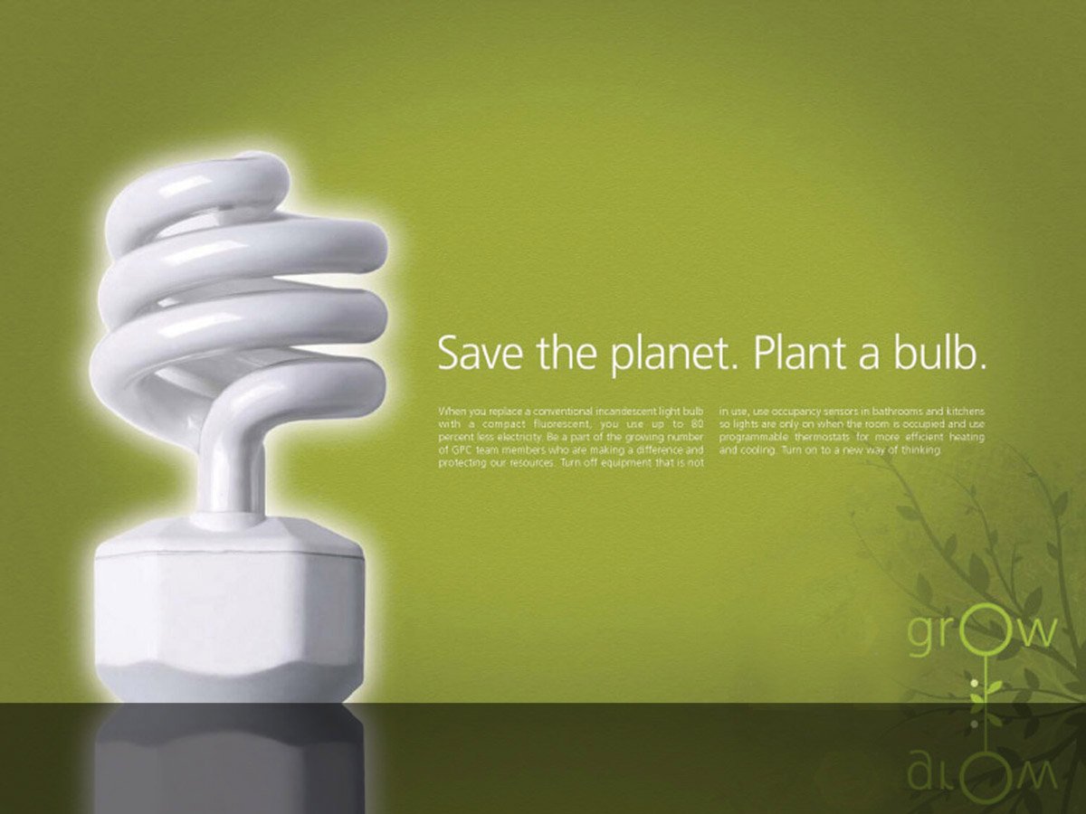 Eco-friendly light bulb ad with message "Save the planet. Plant a bulb." on green background.
