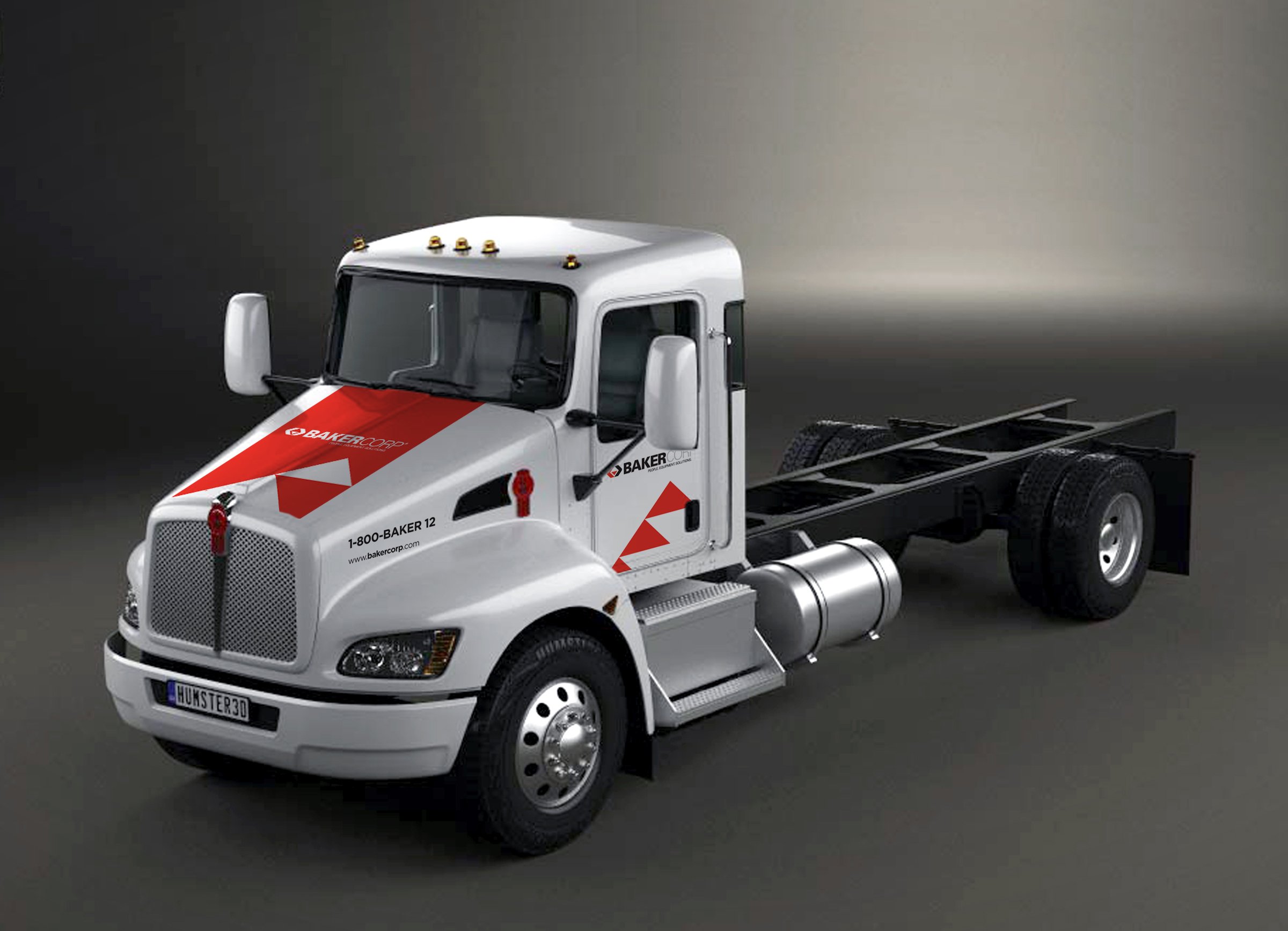 White and red commercial truck with BakerCorp branding and logo, showing partial chassis and cab.