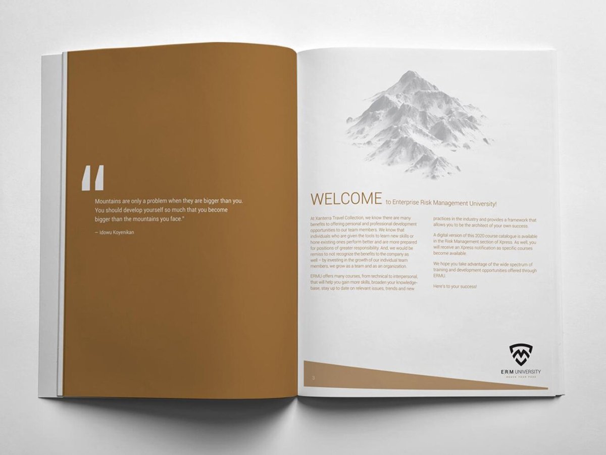 Open book with a quote by Idowu Koyenikan on the left page and a "Welcome to Enterprise Risk Management University" introduction with a mountain illustration on the right page.