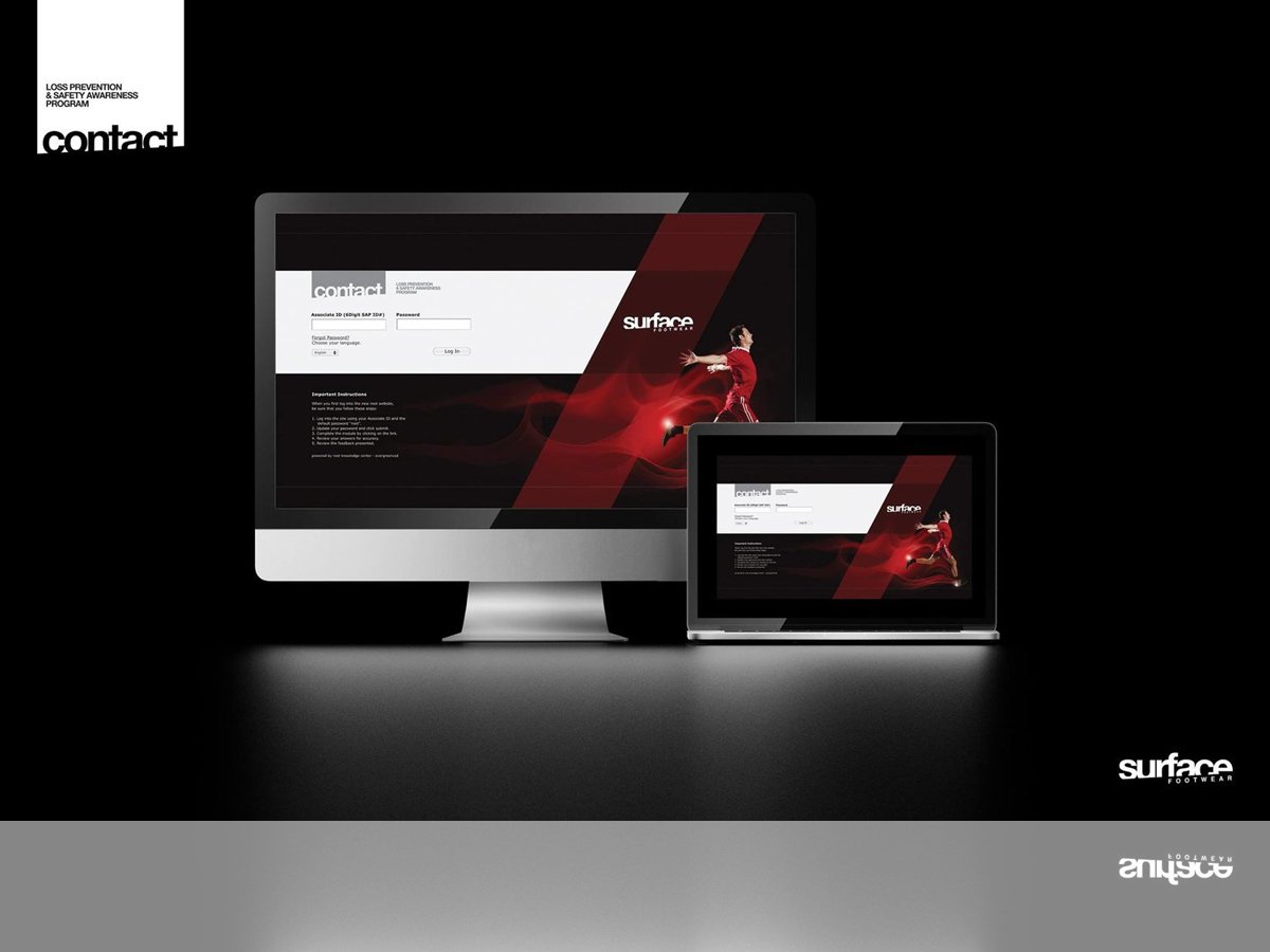 Two screens displaying a login page for 'Surface Footwear' with a black background and a red design element, featuring a dynamic image of a person jumping in athletic wear.