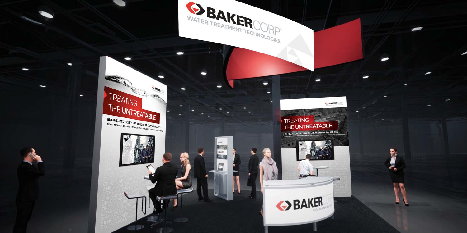 Trade show booth displaying BakerCorp Water Treatment Technologies, featuring people interacting and banners with white and red design.