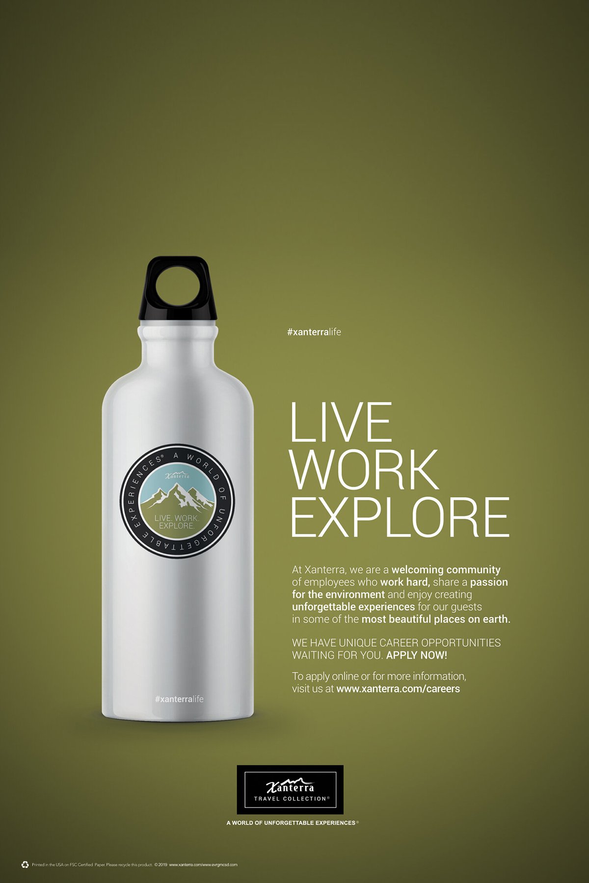 Promotional poster featuring a white reusable water bottle with Xanterra Travel Collection branding, accompanied by the text "Live Work Explore" and information on career opportunities at Xanterra.
