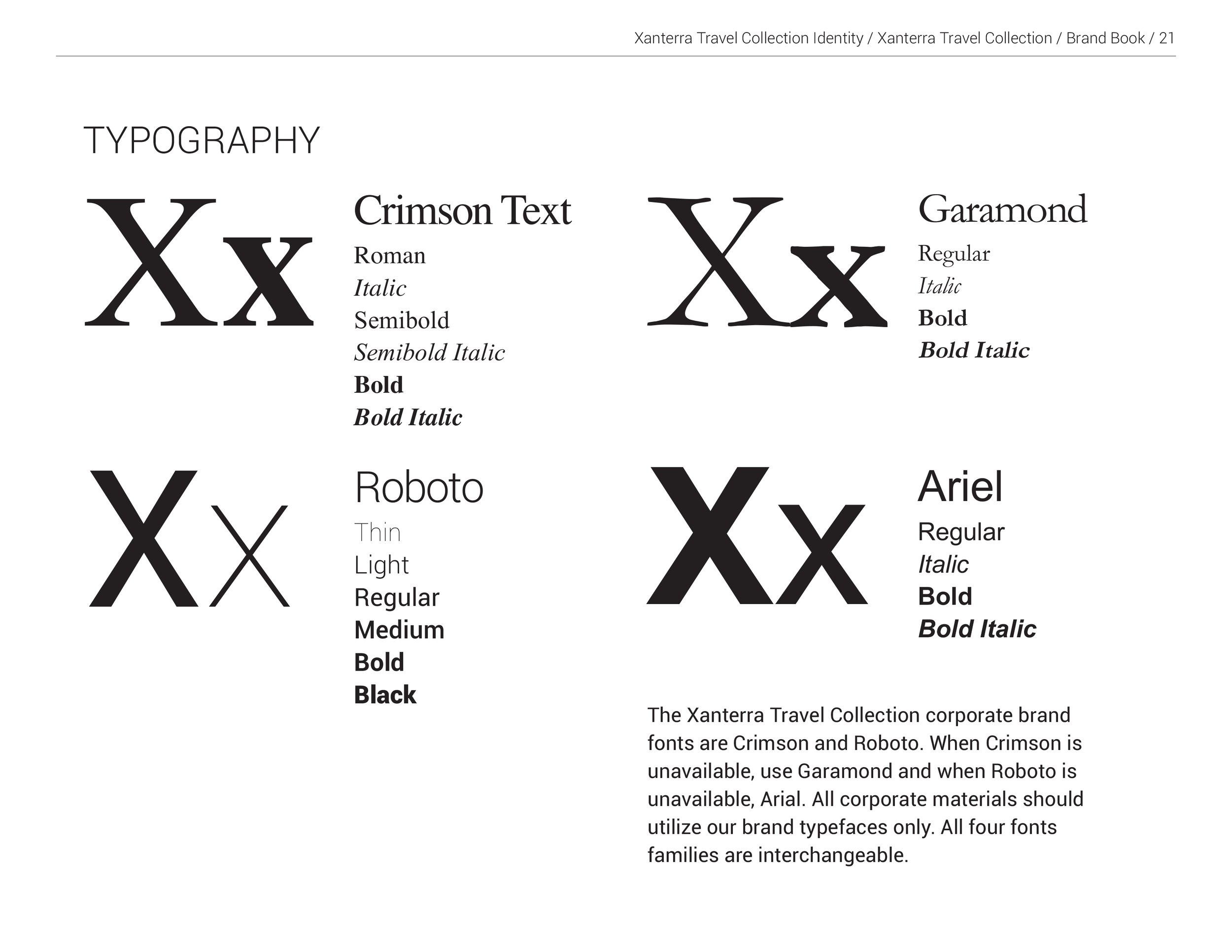 Typography guide showing Xanterra Travel Collection brand fonts: Crimson Text, Garamond, Roboto, and Arial, with styles such as Roman, Italic, Bold. Includes instructions on font usage.