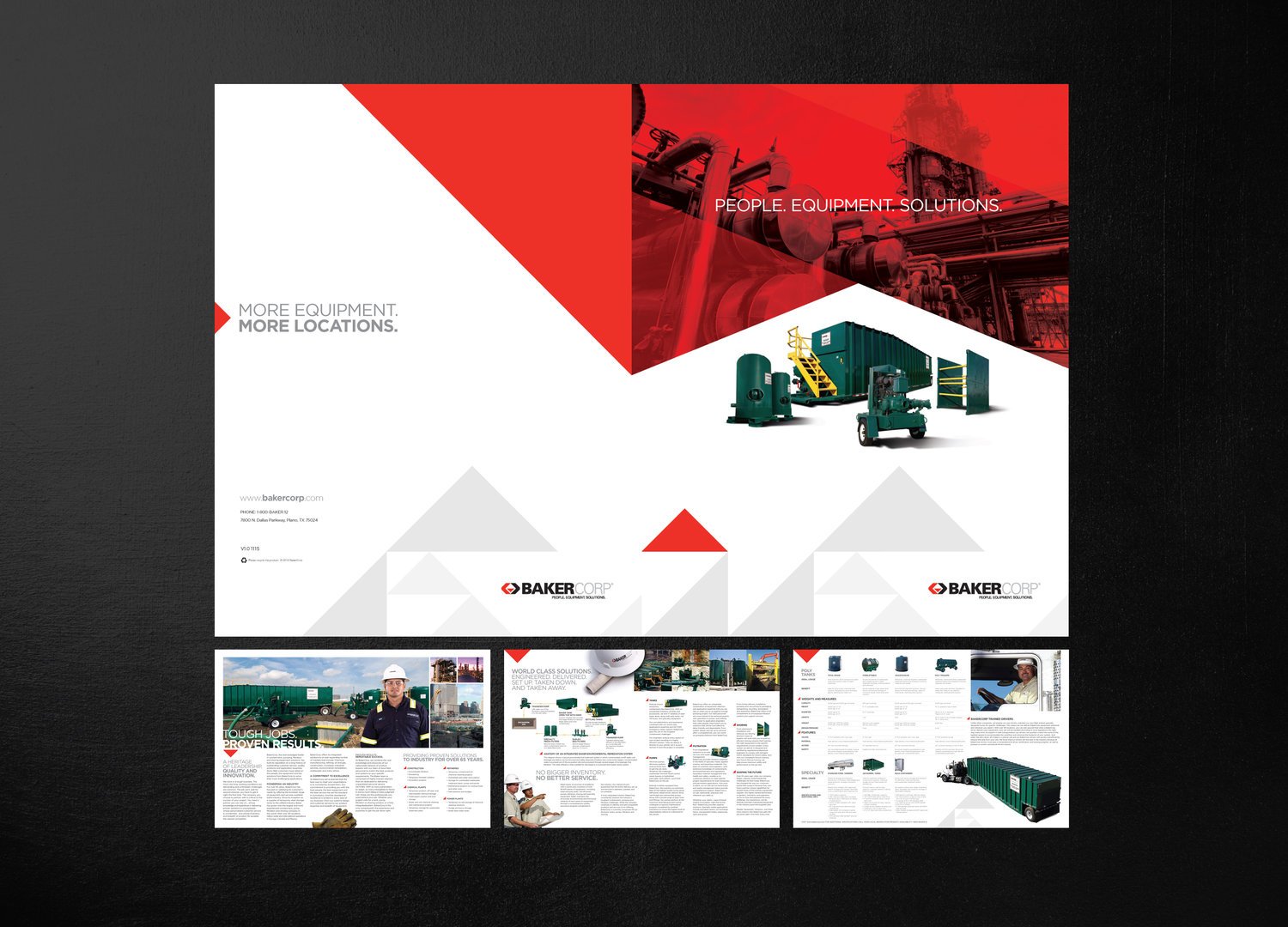 Industrial equipment brochure with red and white design, company logo, and images of machinery.