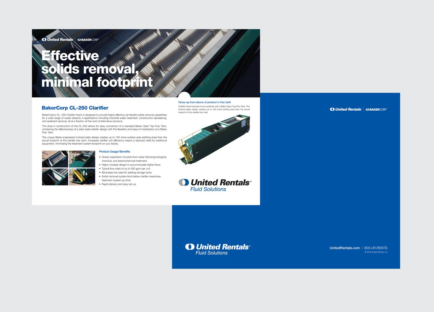 Promotional flyer for United Rentals Fluid Solutions featuring the BakerCorp CL-250 Clarifier, highlighting effective solids removal and minimal footprint, with product images and benefits listed.