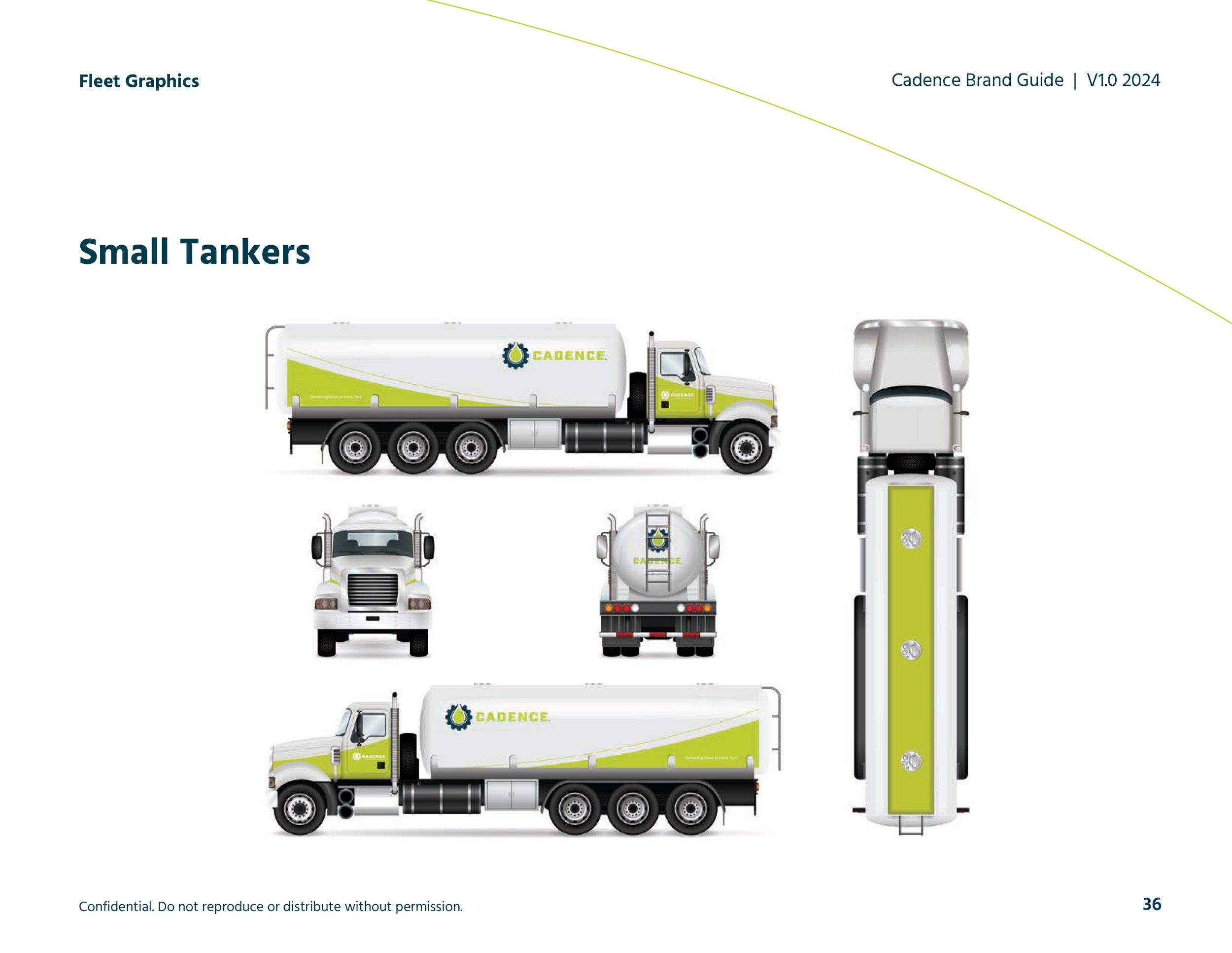 Illustrations of a small tanker truck in various views including side, front, back, and top, with the 'Cadence' logo and branding. Part of a brand guide.