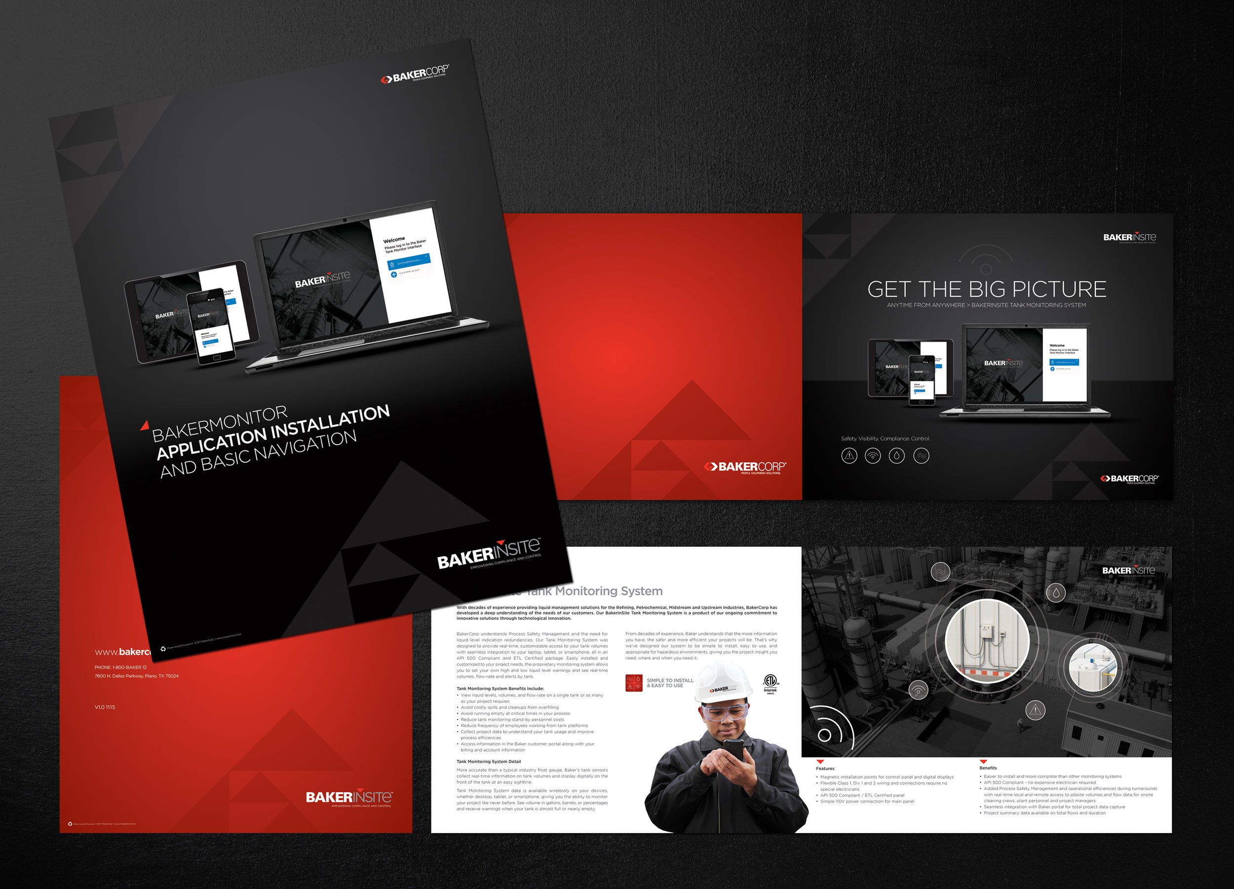 Promotional materials for BakerCorp Bakermonitor, featuring devices displaying the application interface, a technician, and information on tank monitoring systems.