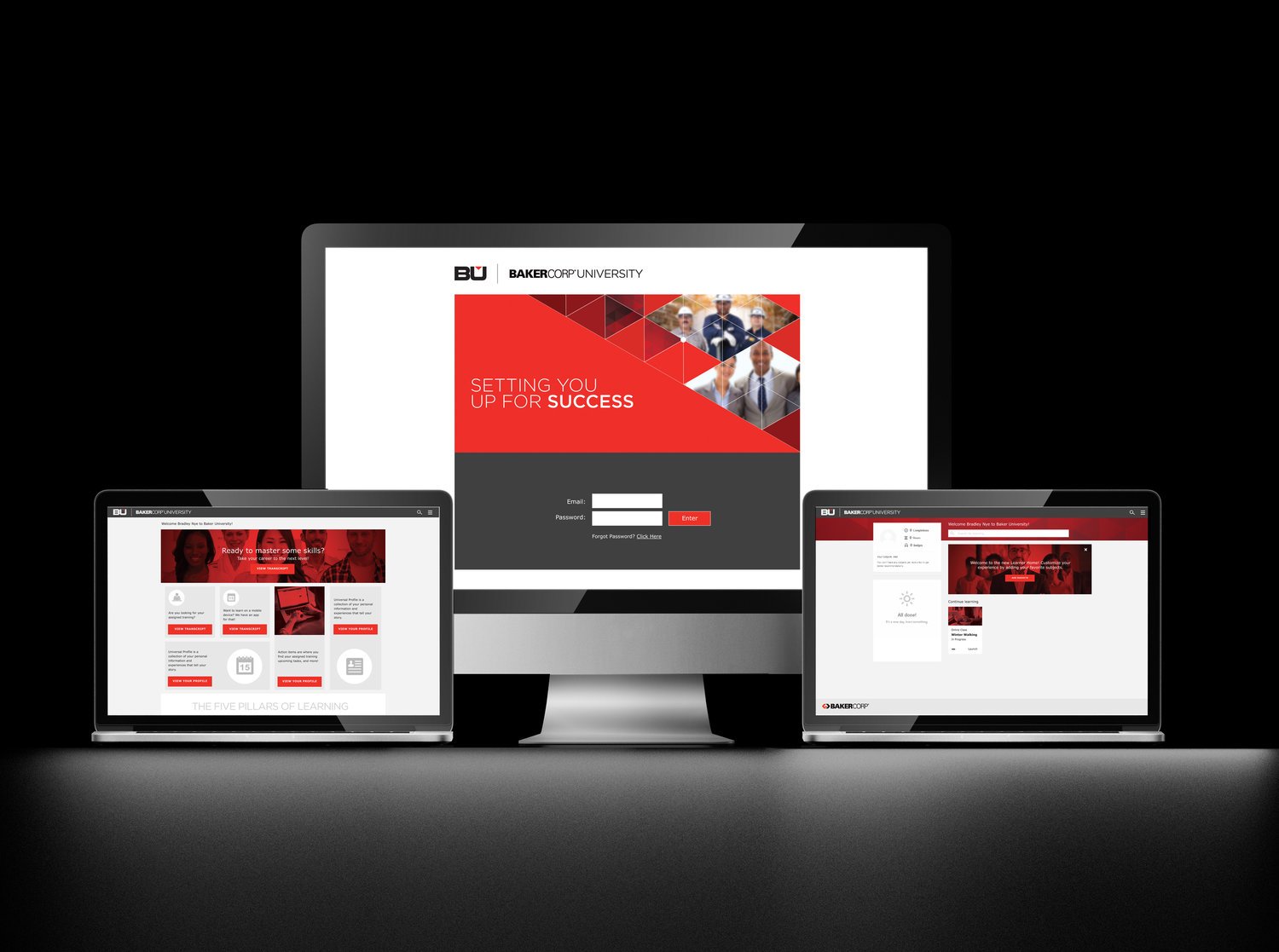 Three computer screens displaying BakerCorp University website with login page and educational content.