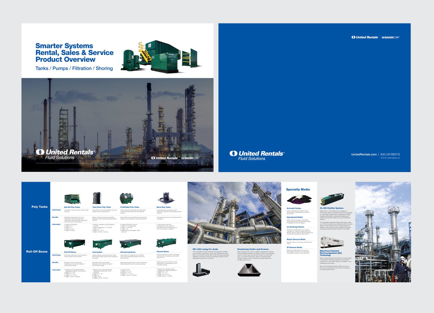 United Rentals Fluid Solutions brochure featuring rental, sales, and service products such as tanks, pumps, and filtration systems. Includes images of industrial equipment and facilities, with a focus on specialty media and dewatering solutions.