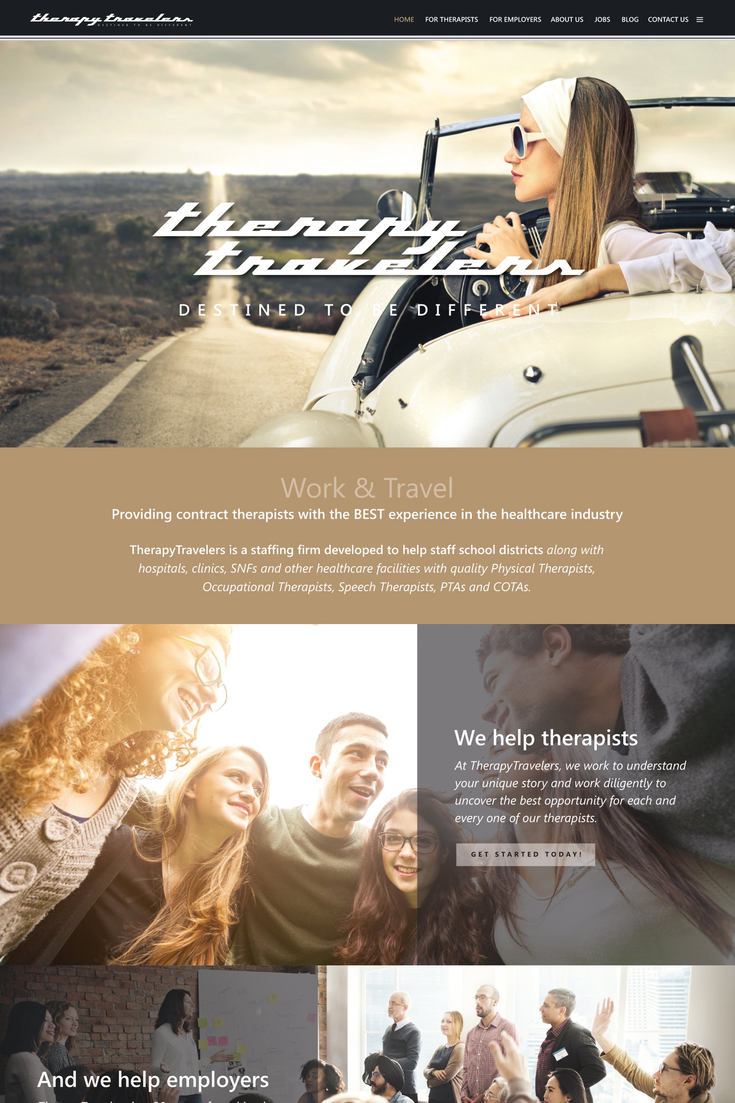 Homepage of TherapyTravelers website featuring a woman in a convertible, a group of smiling people, and information about providing contract therapists in healthcare.