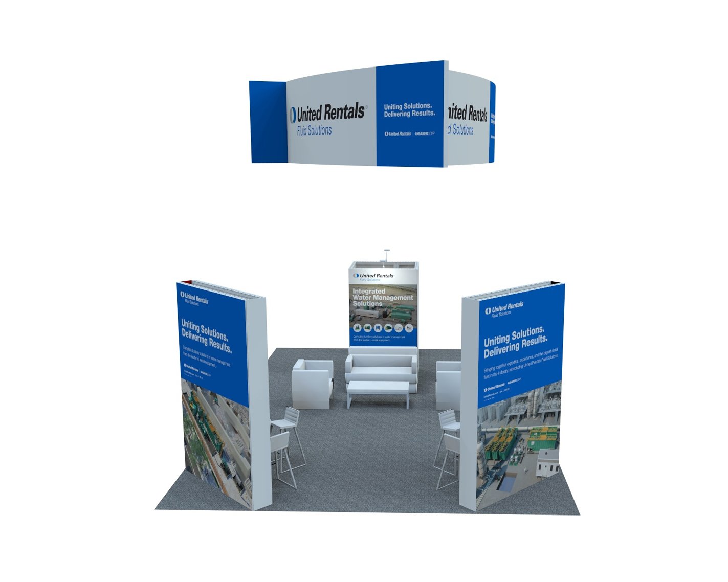 Trade show booth for United Rentals Fluid Solutions with blue and white decor, promotional banners, seating area, and overhead signage.