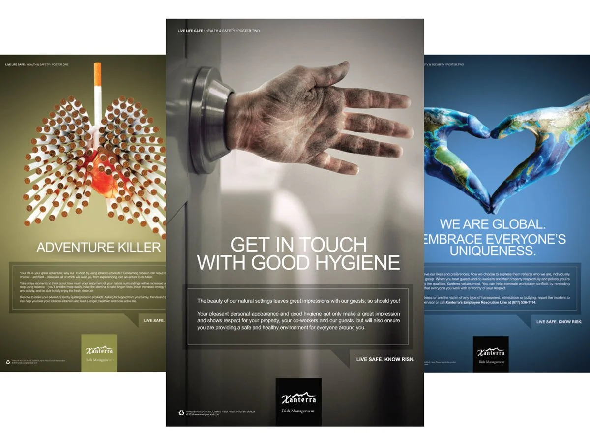 Three health and safety posters from Xanterra Risk Management. The first poster features a design of lungs made from cigarettes with the text "Adventure Killer." The second shows a dirty hand on a doorknob with the text "Get in Touch with Good Hygien