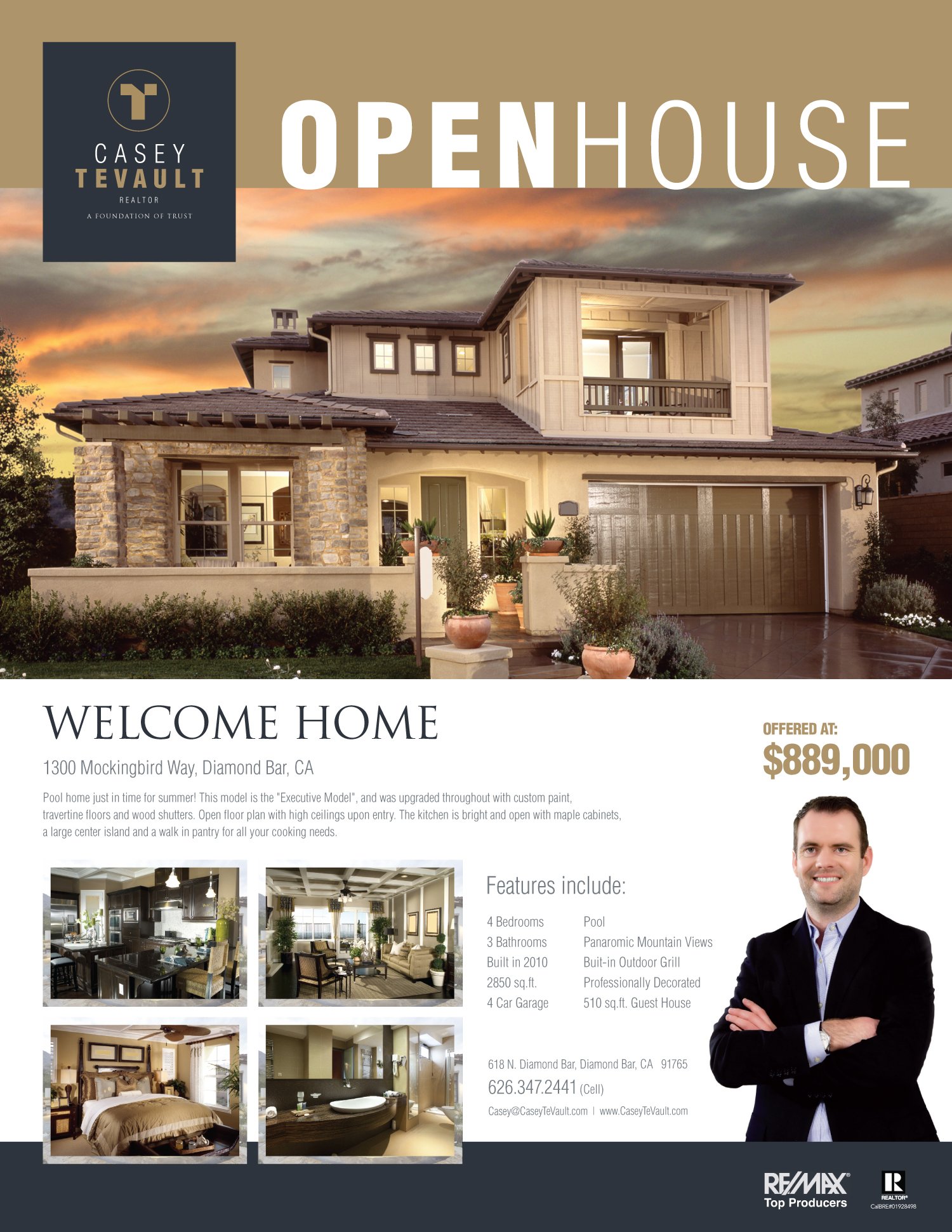 Real estate open house flyer for a property at 1300 Mockingbird Way, Diamond Bar, CA, offered at $889,000. Features include four bedrooms, three bathrooms, a pool, panoramic mountain views, and a guest house. The flyer showcases images of the house's