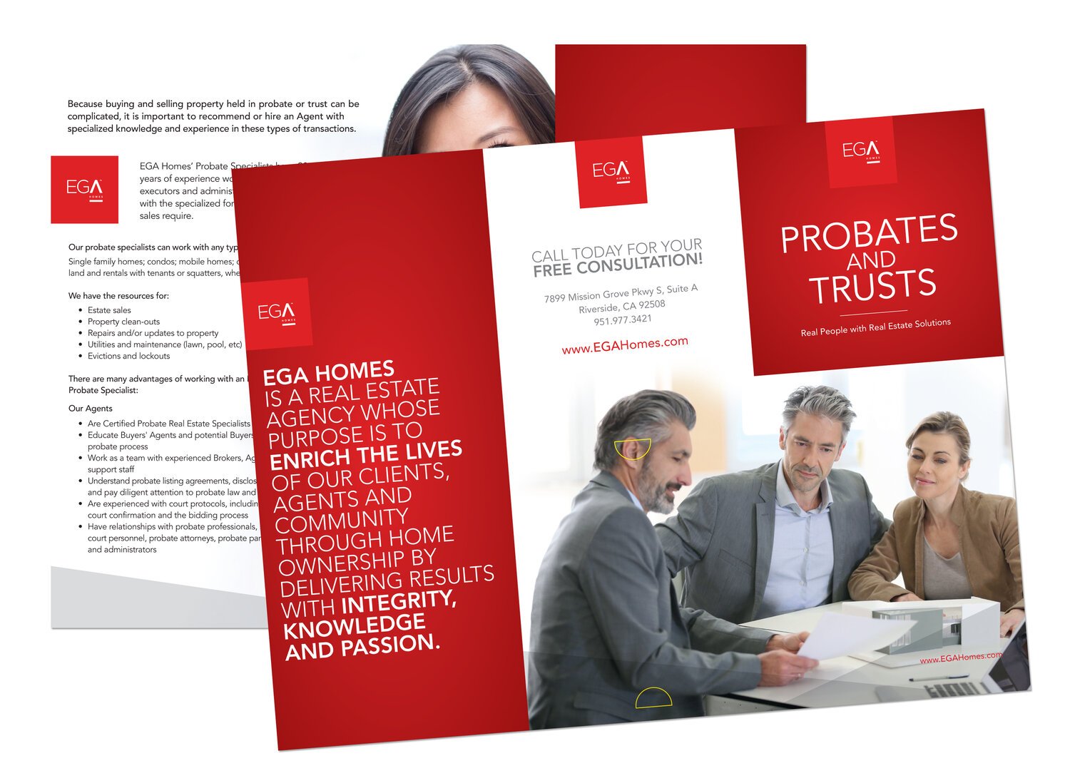 Promotional materials for EGA Homes real estate agency, featuring information on probates and trusts services, contact details, and an image of three people reviewing documents.