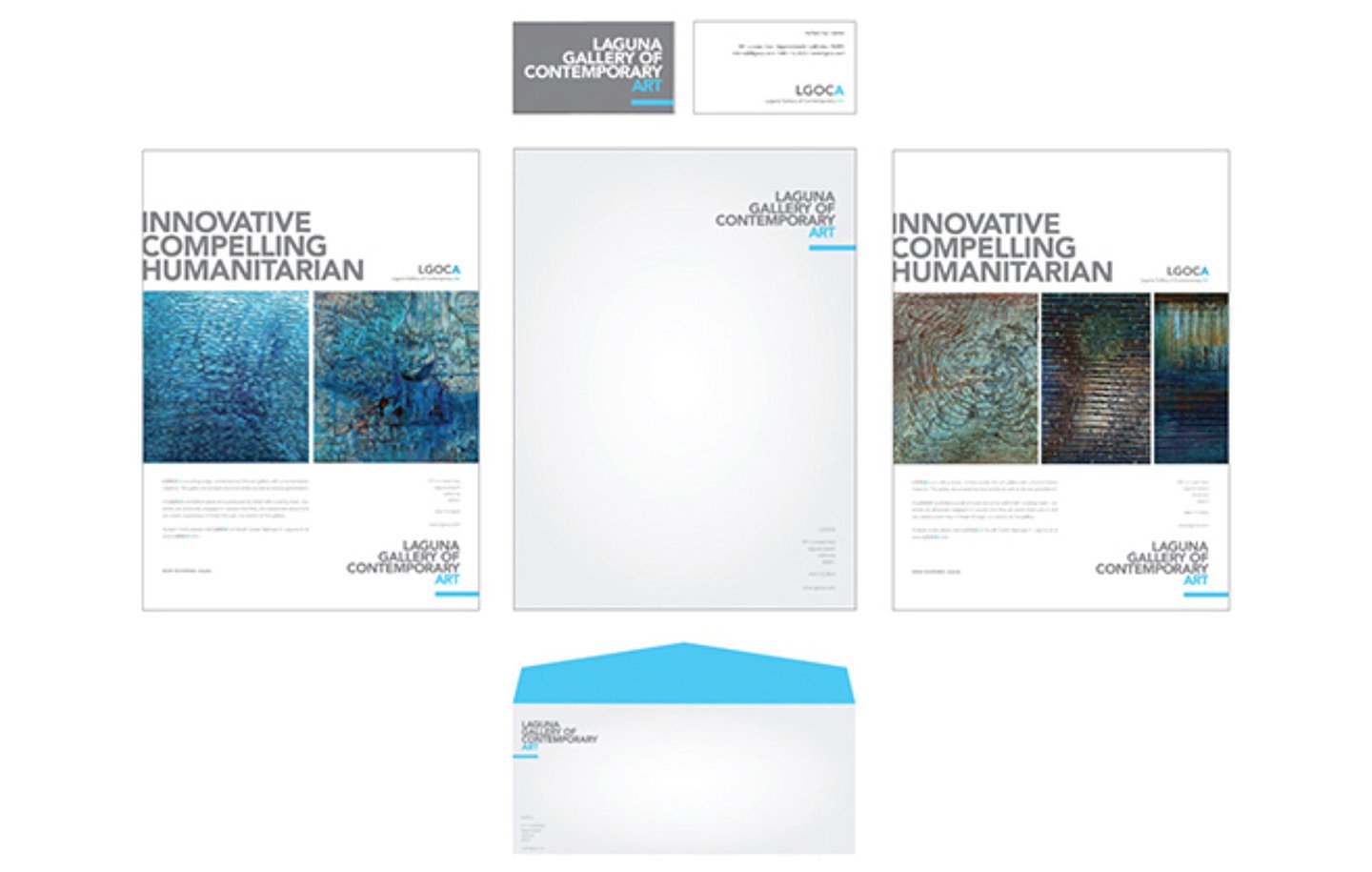 Laguna Gallery of Contemporary Art stationery set, including brochures, letterhead, business card, and envelope with blue accents and abstract art images.