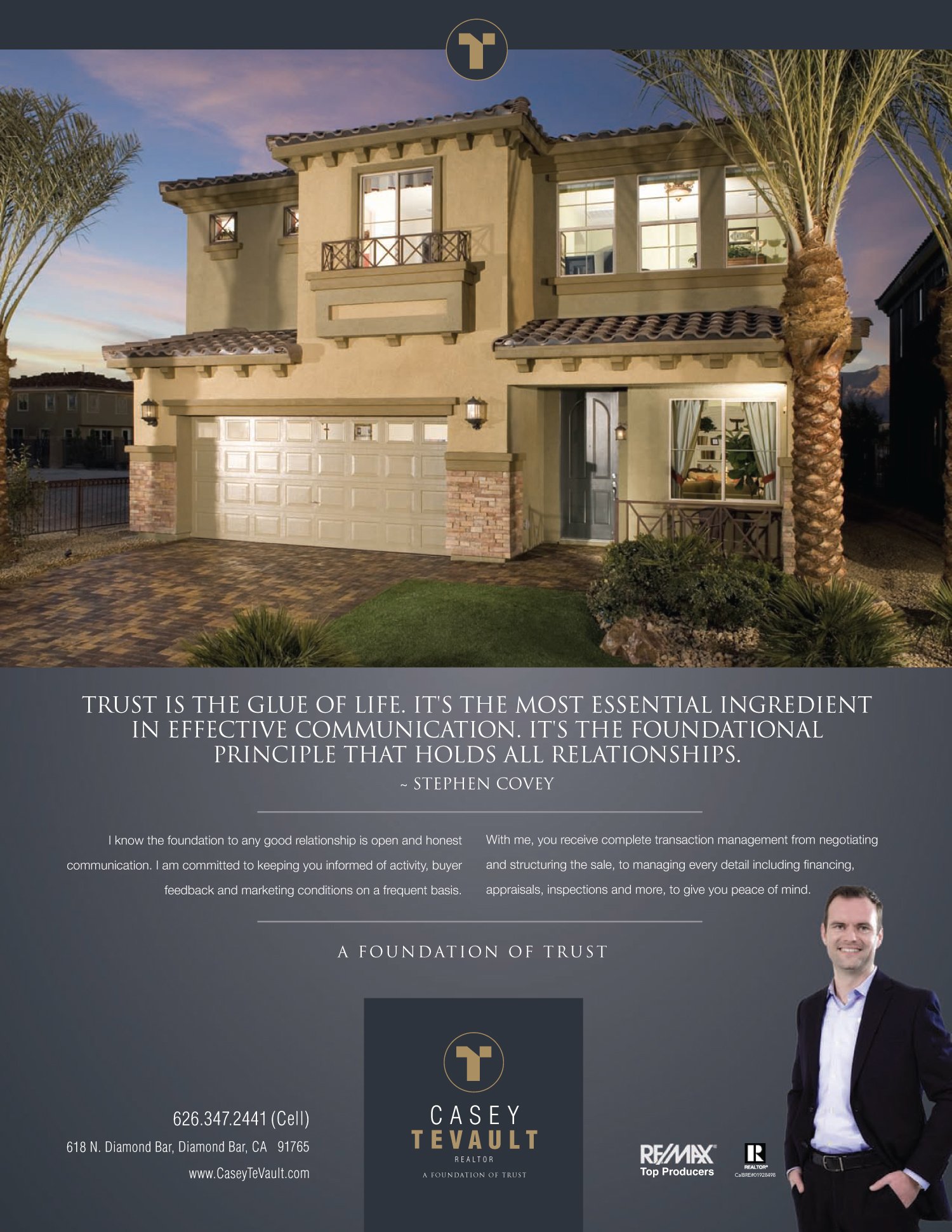 Real estate advertisement featuring a two-story house with palm trees, a brick driveway, and a text overlay about trust in communication. Includes realtor contact information and branding for Casey Tevault, RE/MAX Top Producers.