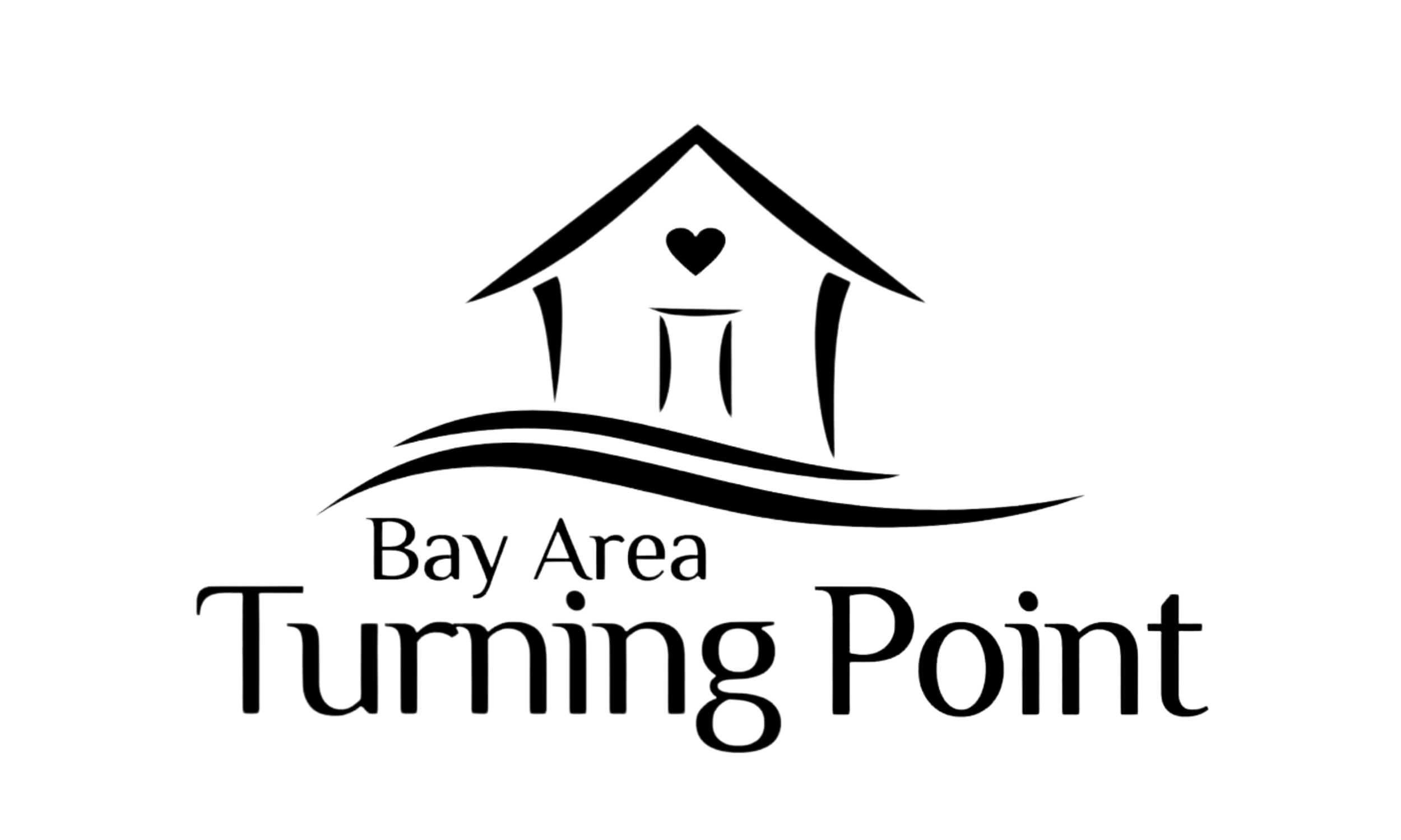 Logo for Bay Area Turning Point featuring a stylized house with a heart inside, with black waves below and the organization's name in black text.