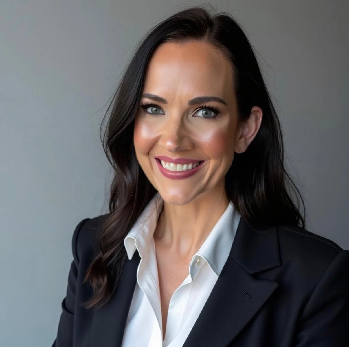 A smiling woman with long dark hair, blue eyes, wearing a black blazer over a white shirt, in an indoor setting with blurred background.