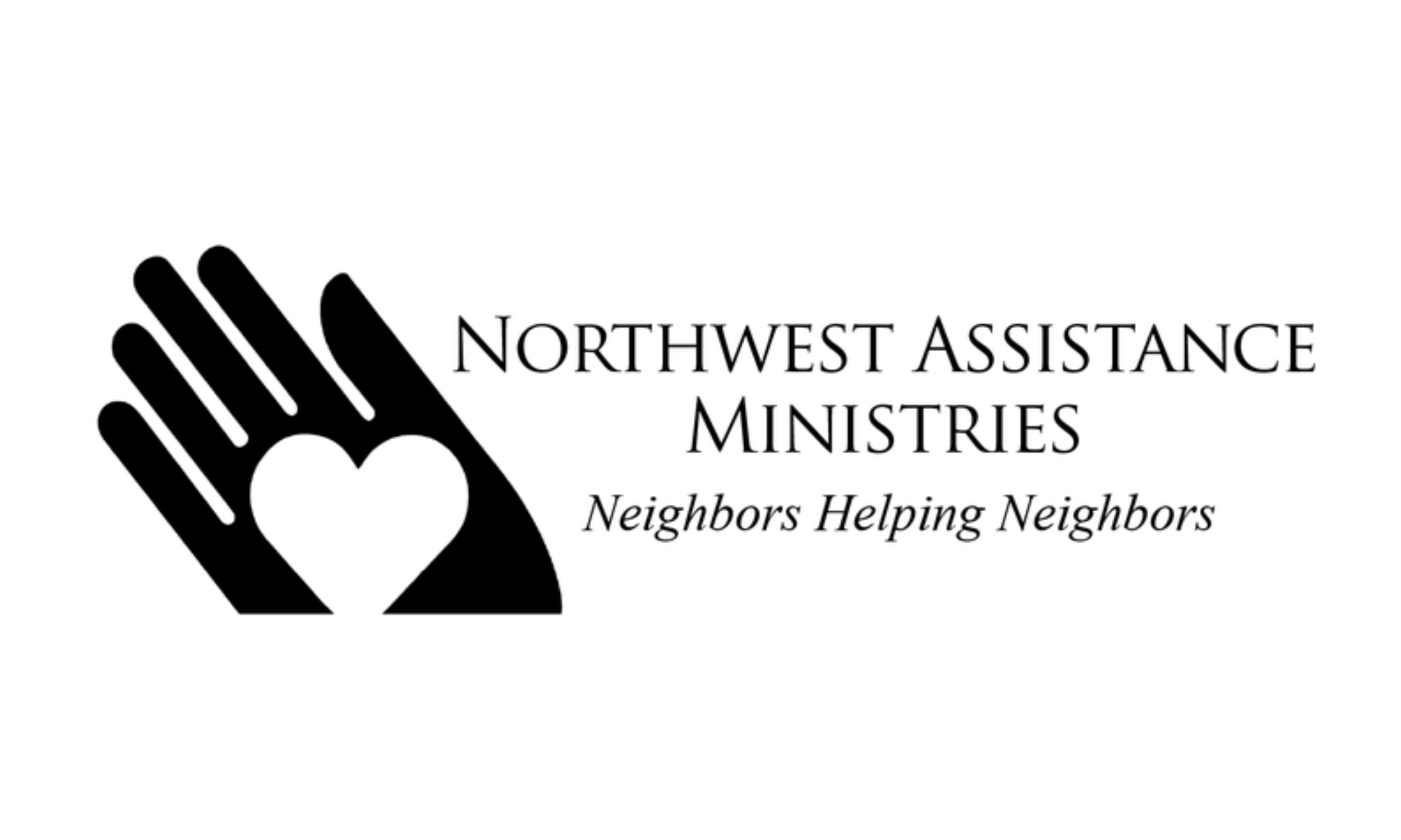 Logo of Northwest Assistance Ministries featuring a hand forming a heart, with the tagline 'Neighbors Helping Neighbors'.