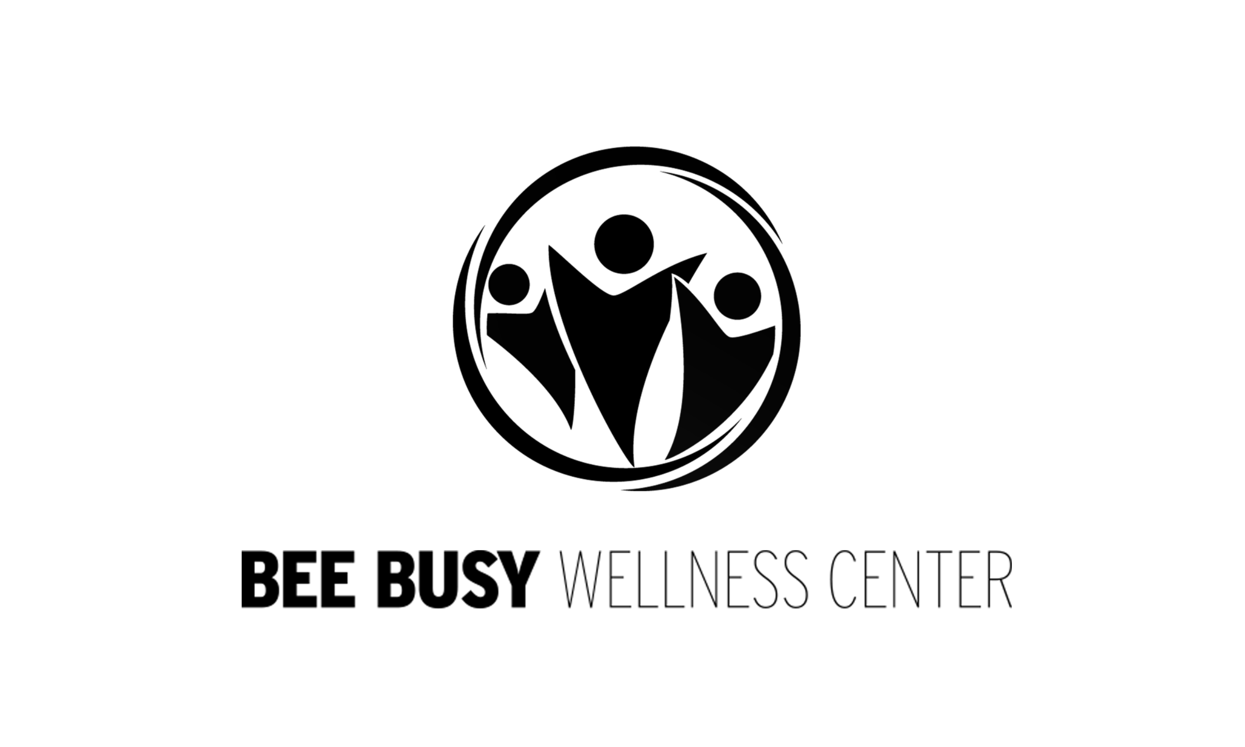 Logo of Bee Busy Wellness Center with three stylized human figures inside a circle.