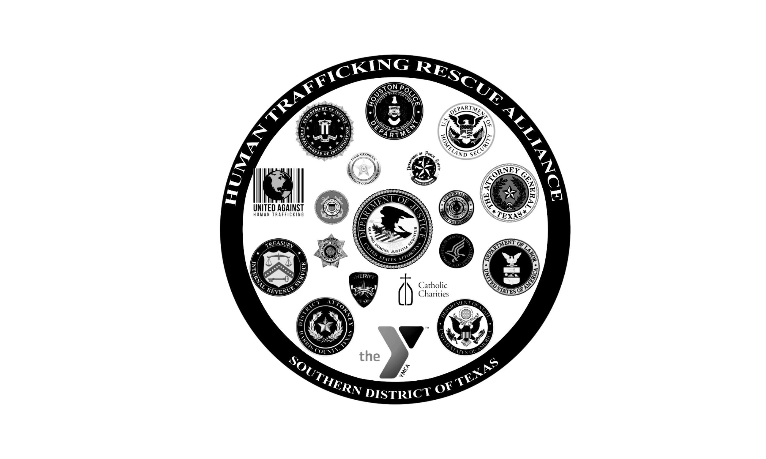 Circle logo of the Houston Traffic King Rescue Alliance featuring various law enforcement and emergency response agency emblems.