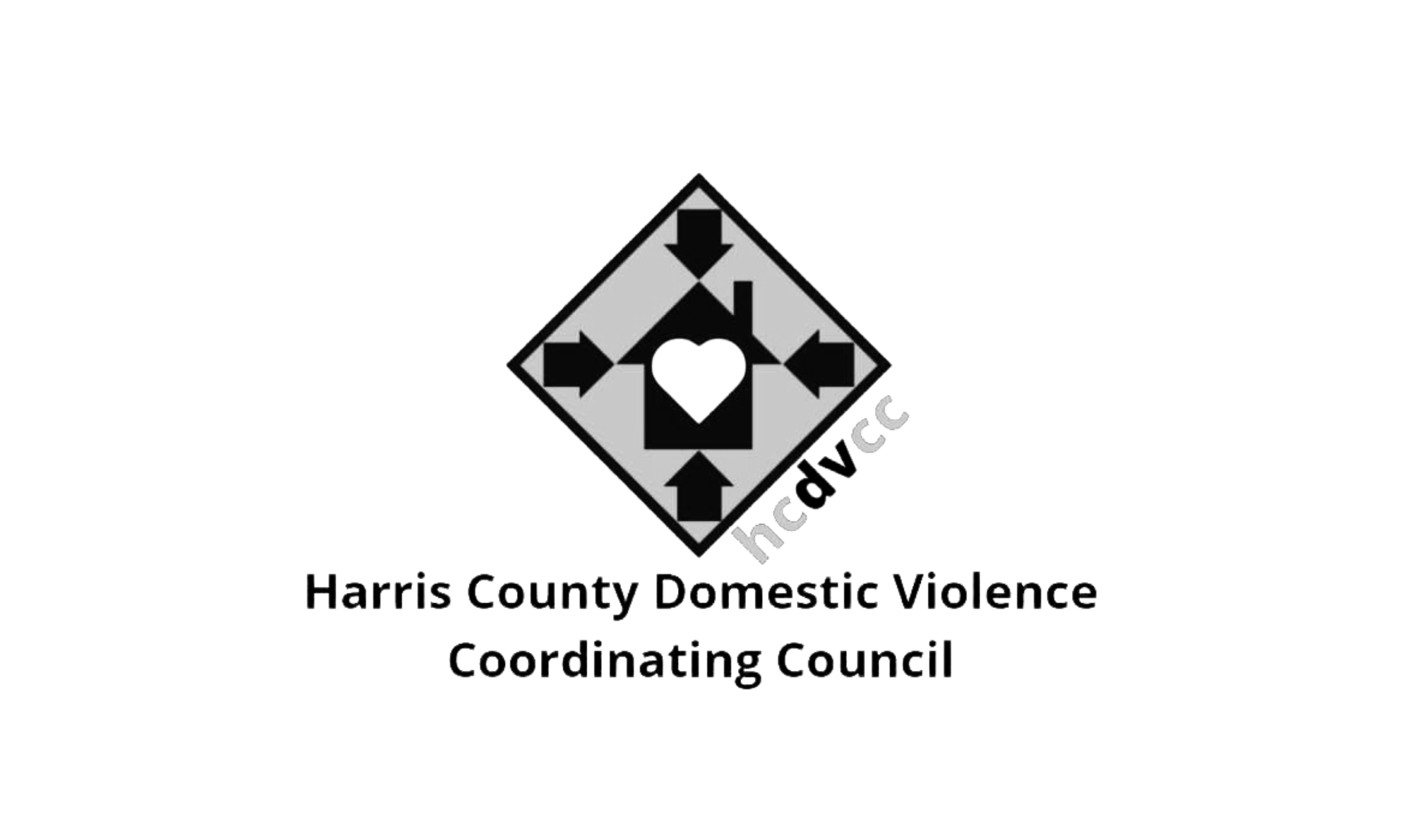 Logo of Harris County Domestic Violence Coordinating Council with a black diamond shape, heart in the center, and arrows pointing outward.