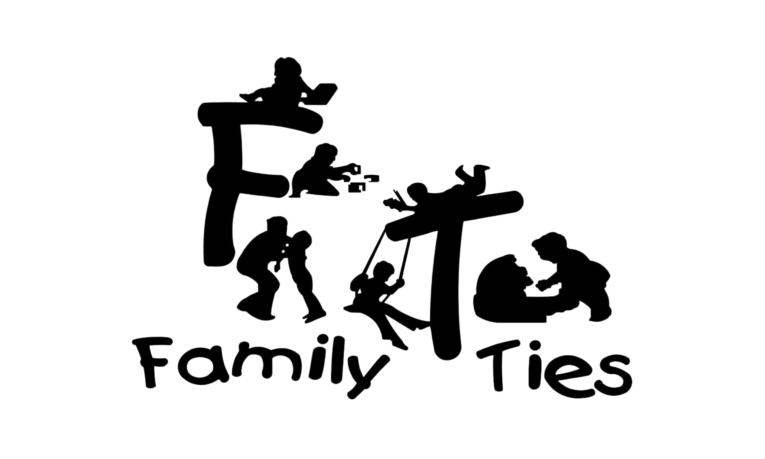 Silhouettes of children playing on and around a large letter 'F', with the words 'Family Ties' beneath.