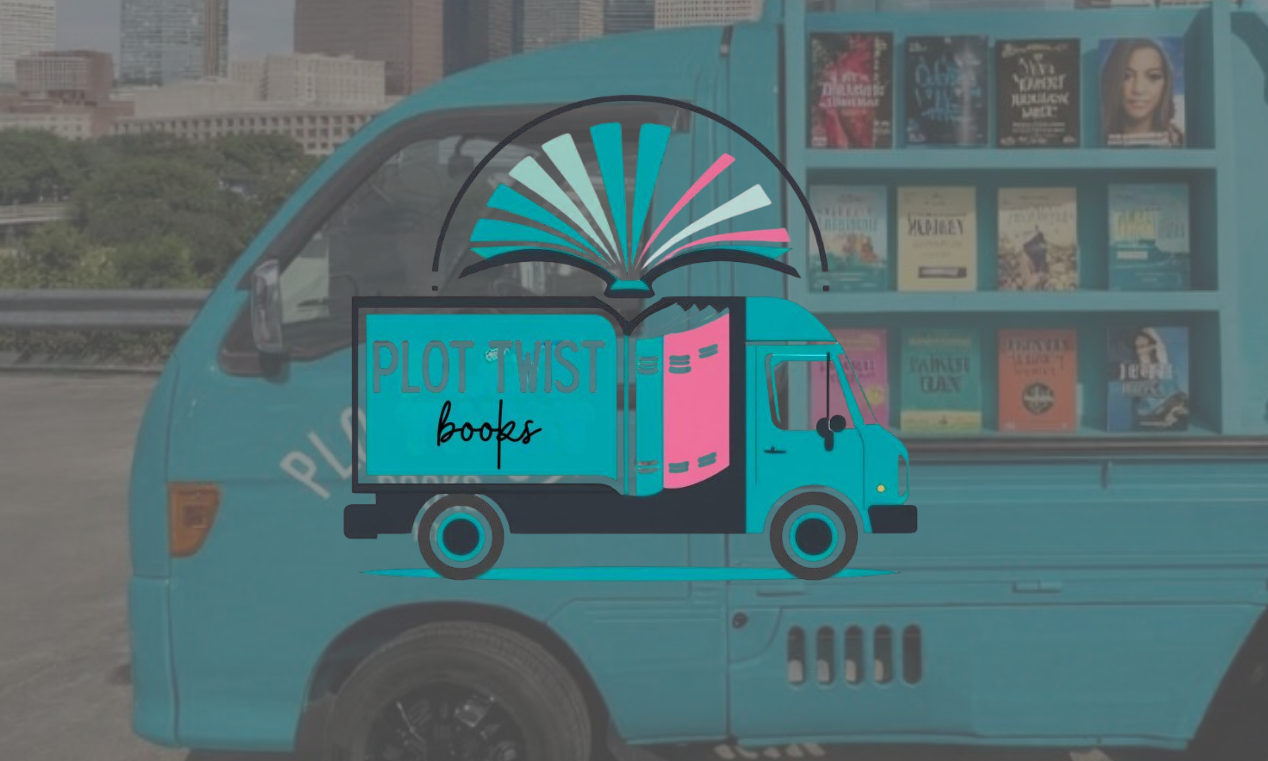A blue food truck with the logo 'Plot Twist books' featuring a book with an open cover and pages, parked in front of a bookshelf filled with books, with city buildings in the background.