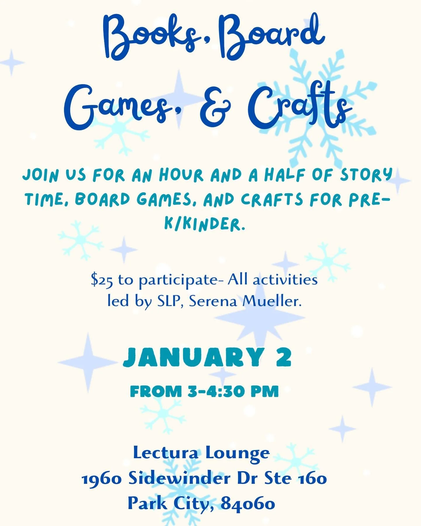 Have your child join us for 1.5 hours of socializing with story time, board games, and crafts! ☃️❄️📚🧩

Activities led by myself!