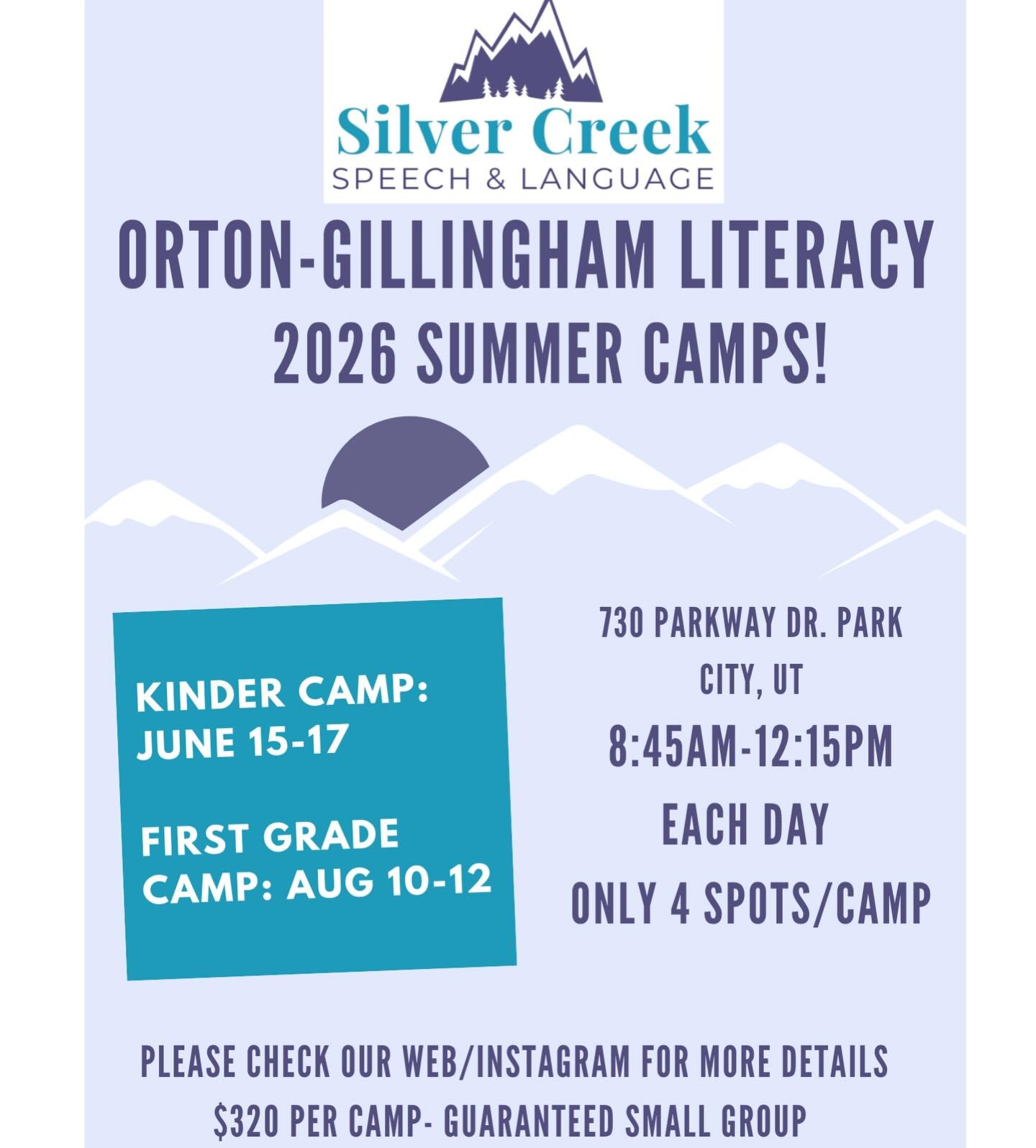 Join us for summer camp! Registration is open on our website! 

#slp #parkcitylife #parkcity #literacy #ortongillingham