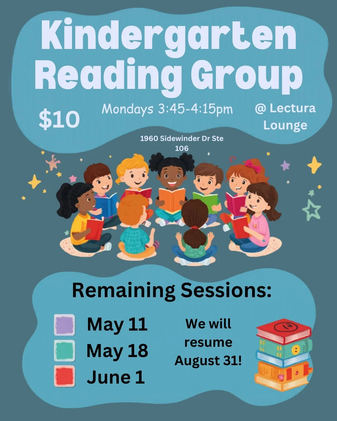 Come join us for the last 3 kindergarten reading groups of the school year! 
We will be back August 31st! @lecturalounge thank you for allowing us to use your space to offer these fun community classes!

#literacy #slp #parkcity