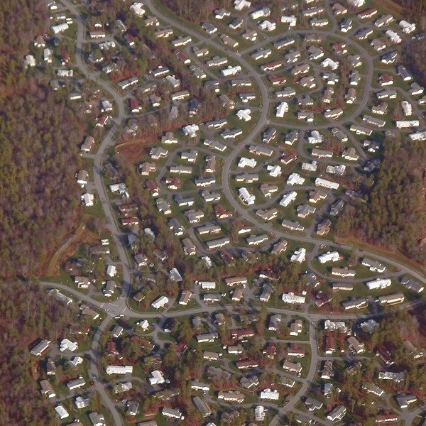 A bird's eye view of a suburban landscape.