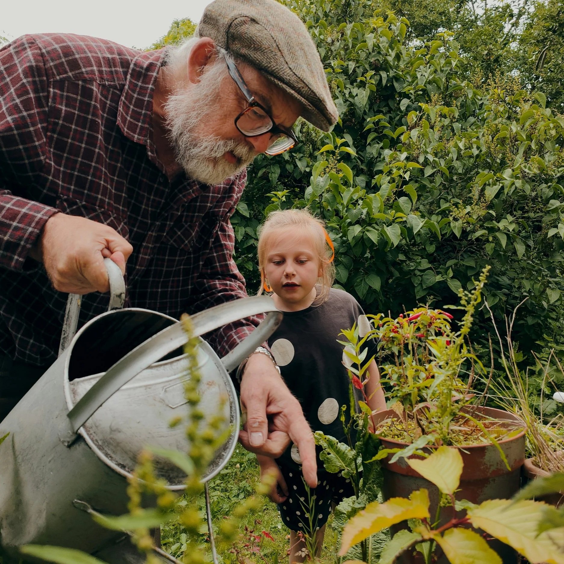 Old man and child watering a garden