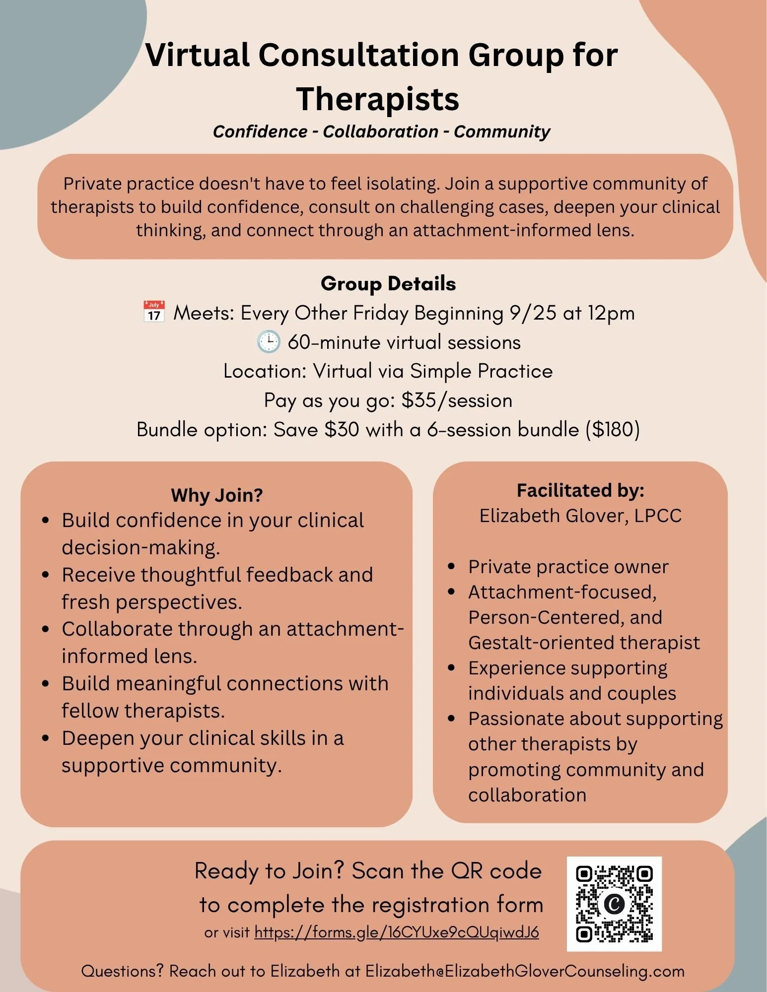 Flyer promoting a Virtual Consultation Group for Therapists led by Elizabeth Glover, LPCC. The flyer includes group details, benefits, pricing, facilitator information, and a QR code to register.