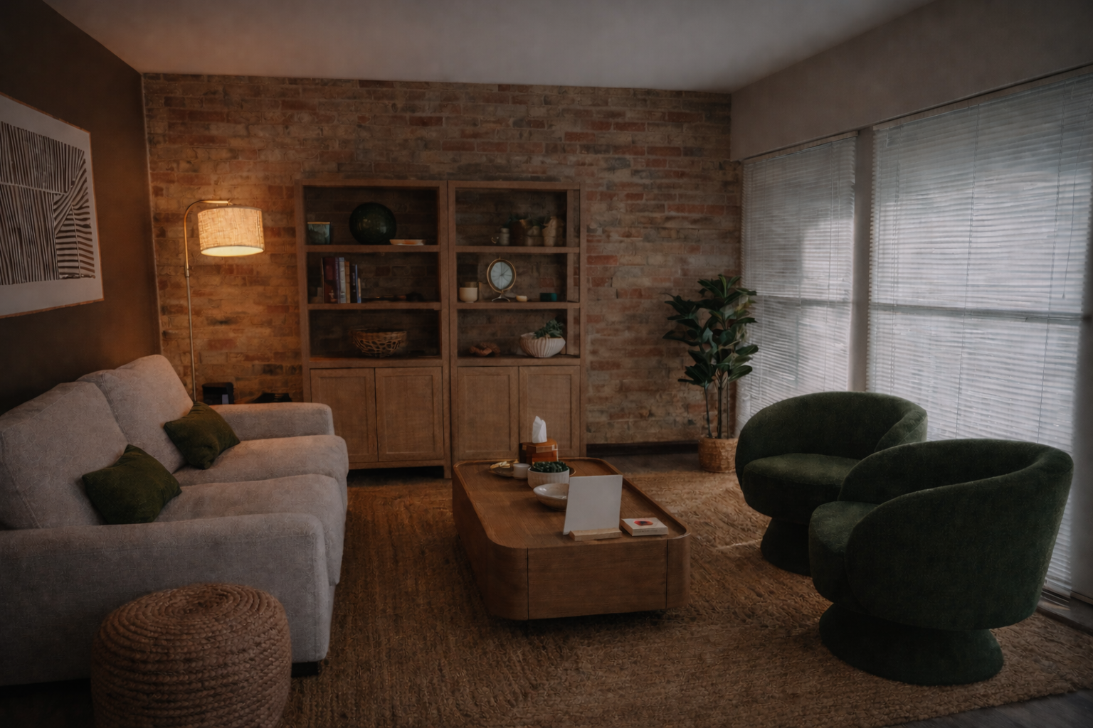 Warm, modern therapy office in Columbus, Ohio with neutral decor, comfortable seating, and natural light, representing therapy for high-functioning anxiety and emotional wellness.