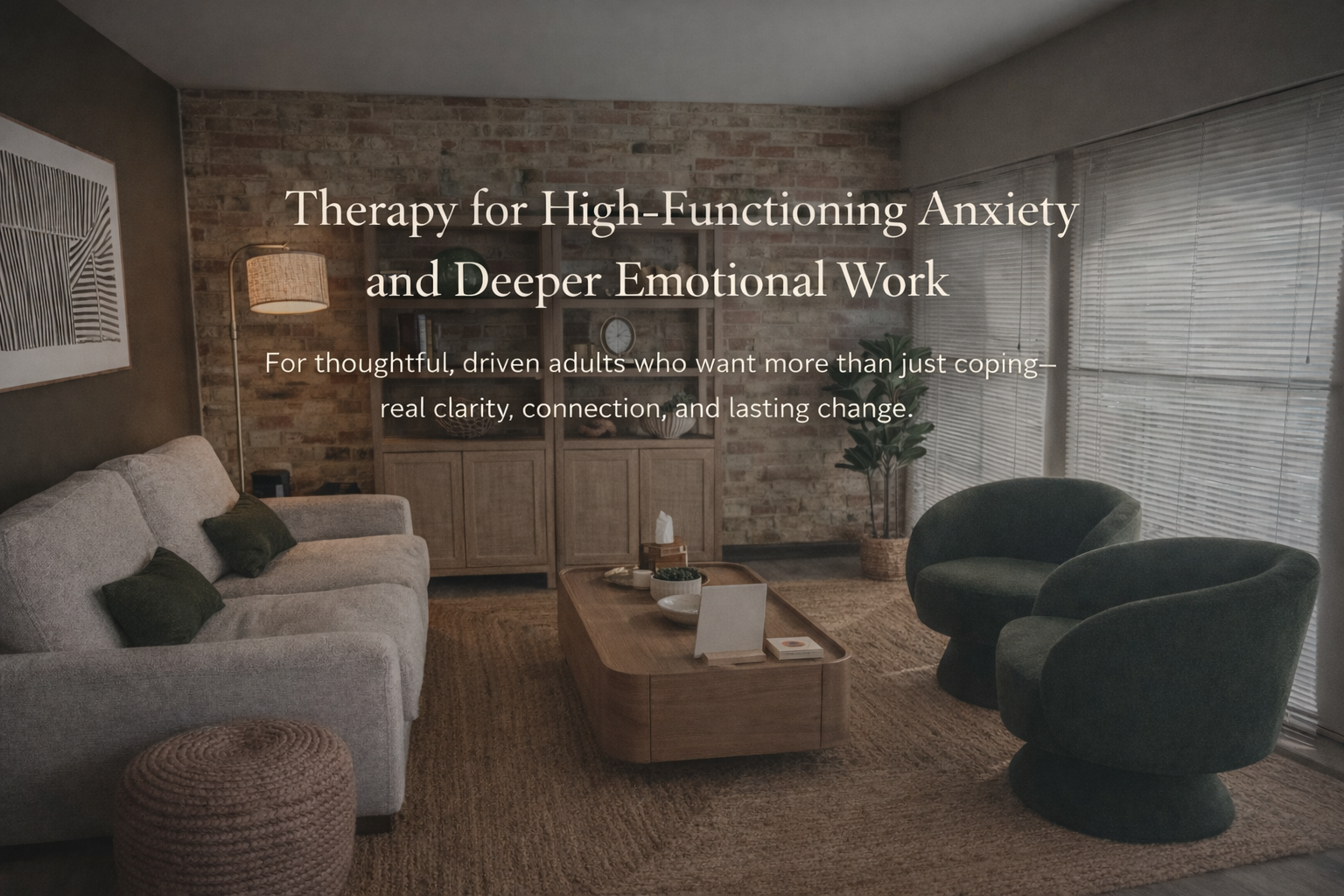 Warm, modern therapy office in Columbus, Ohio with neutral decor, comfortable seating, and natural light, used for therapy for high-functioning anxiety and emotional wellness.