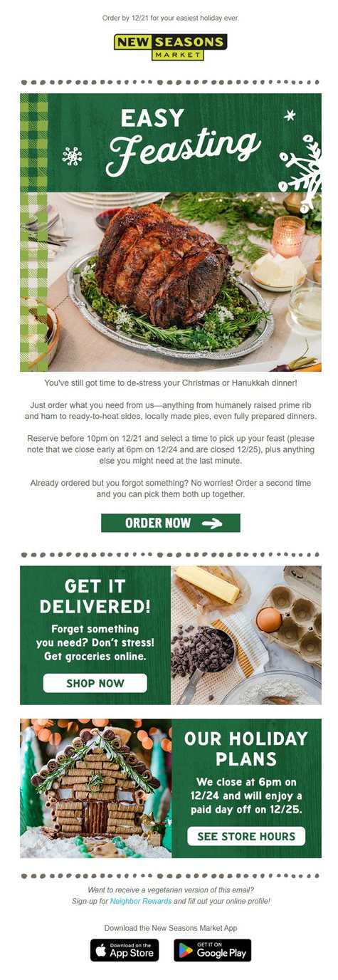 Example of a December holiday email for reservations