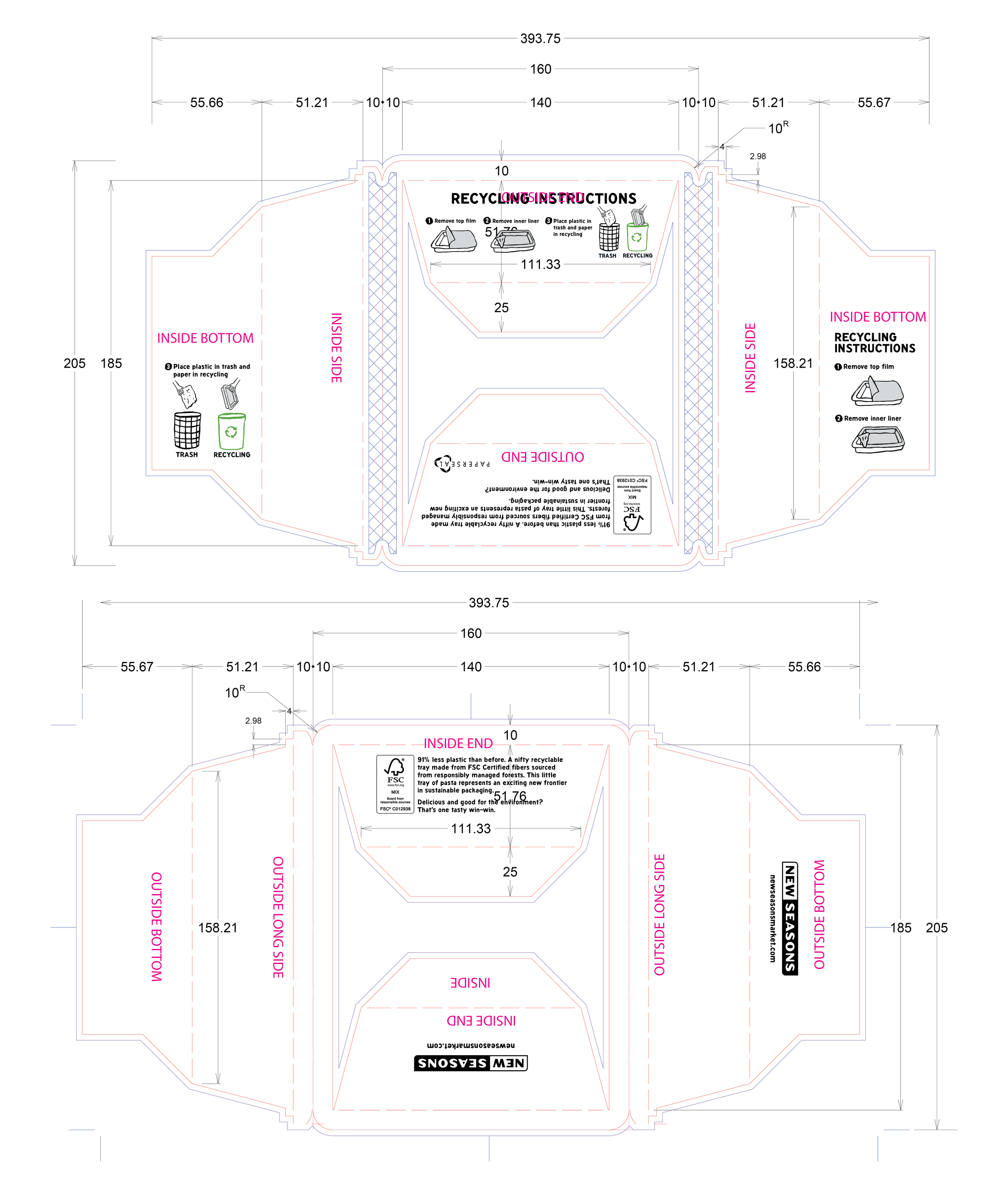 Flat dieline of the pasta box with all graphics and art placed, ready for print.