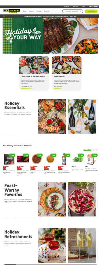 An image of the New Seasons Market Holiday home page featuring all things December holiday.