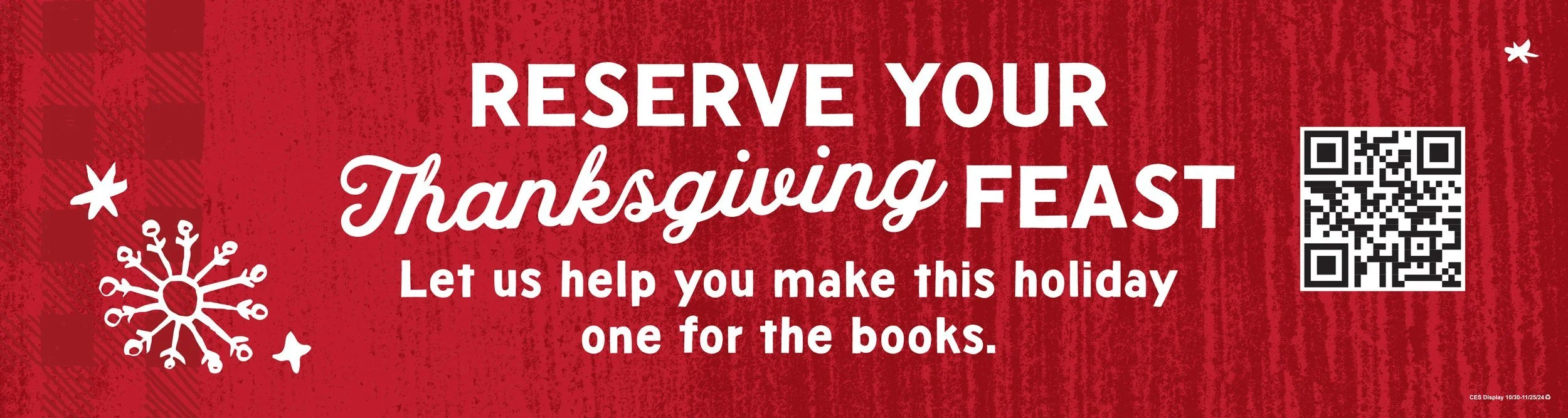 A red in-store sign for in-store highlighting where to reserve your feast