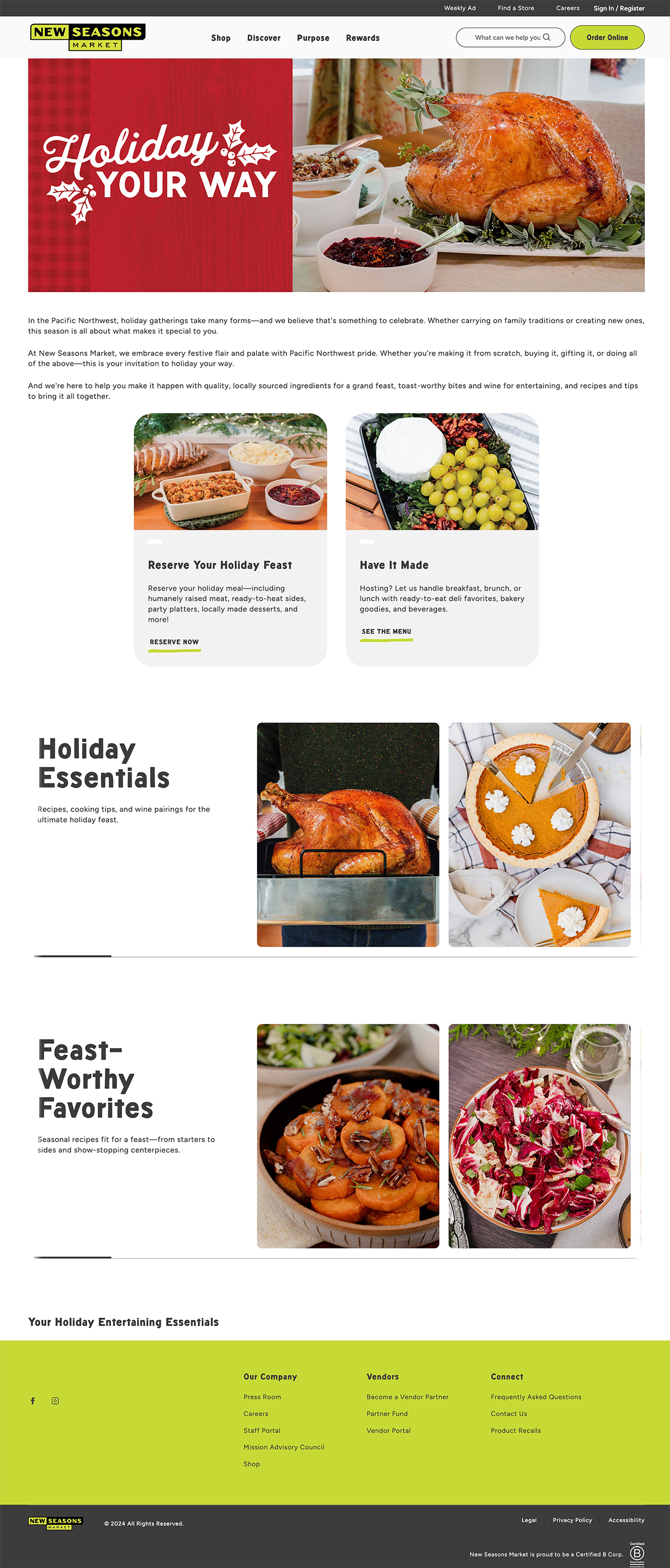 An image of the New Seasons Market Holiday home page featuring all things holiday.
