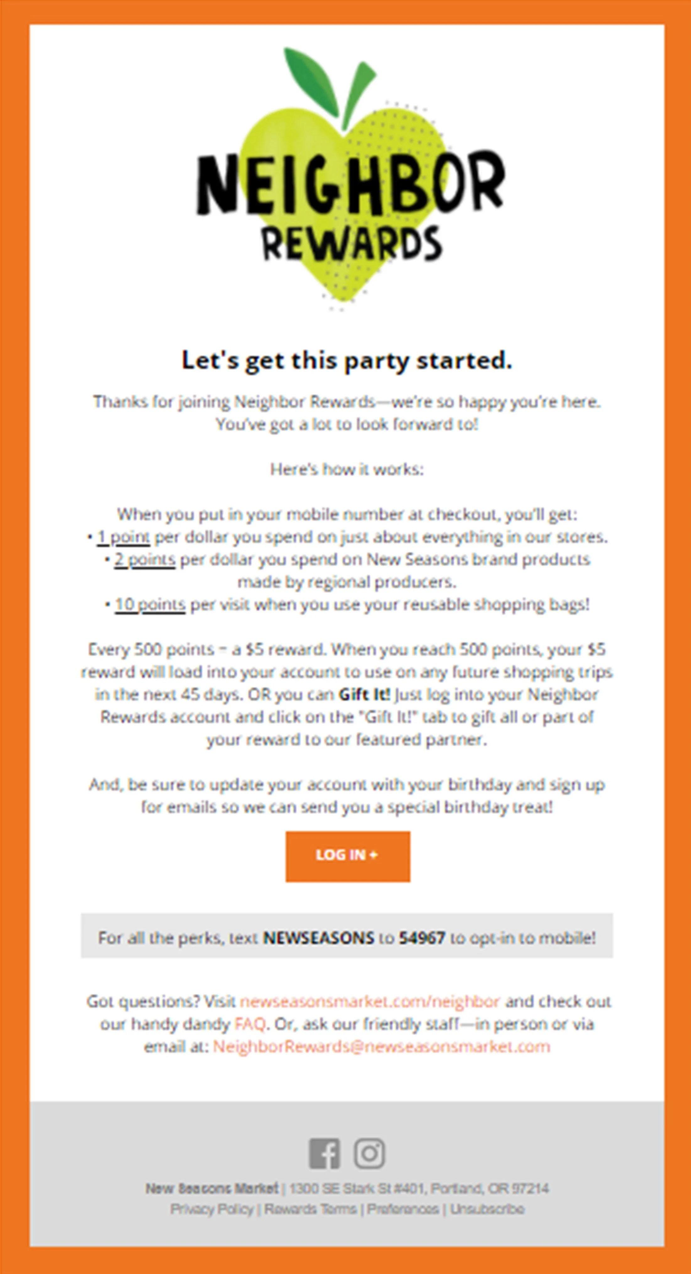 Image of sign-up email from old loyalty program design