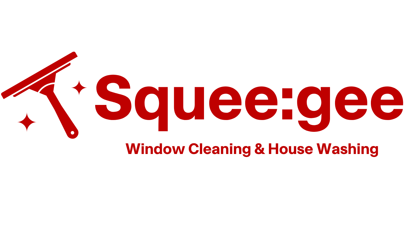 Logo with a squeegee graphic and sparkling effects, reading 'Squeegee Window Cleaning & House Washing' in red and black text.
