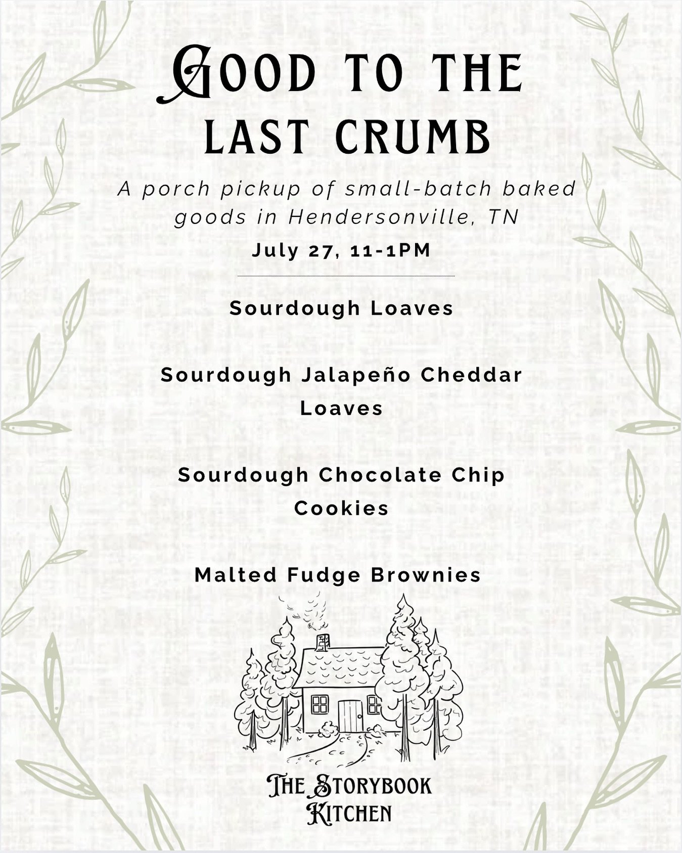 ✨ Good to the Last Crumb ✨
Preorders are now open for our next porch pickup on Saturday, July 27.
The week’s menu:
🍞 Sourdough Loaves
🌶️🧀 Jalapeño Cheddar Sourdough
🍪 Sourdough Chocolate Chip Cookies
🍫 Malted Fudge Brownies
Everyt