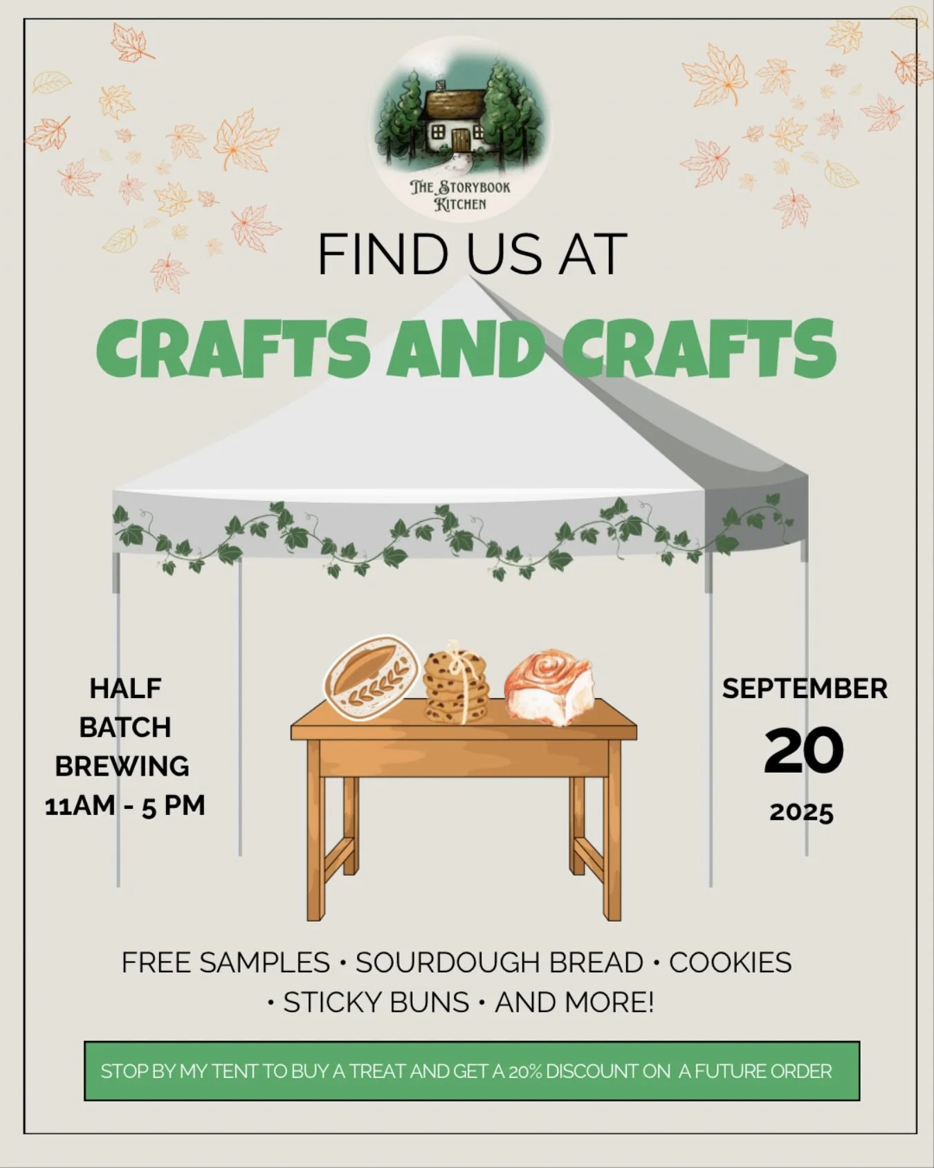 We’re popping up at Crafts & Crafts at @halfbatchbrewing on Saturday, September 20 from 11–5! 🍂
There will be free samples, sourdough breads, cookies, sticky buns, and other fall treats from The Storybook Kitchen.
📍 Half Batch Brew